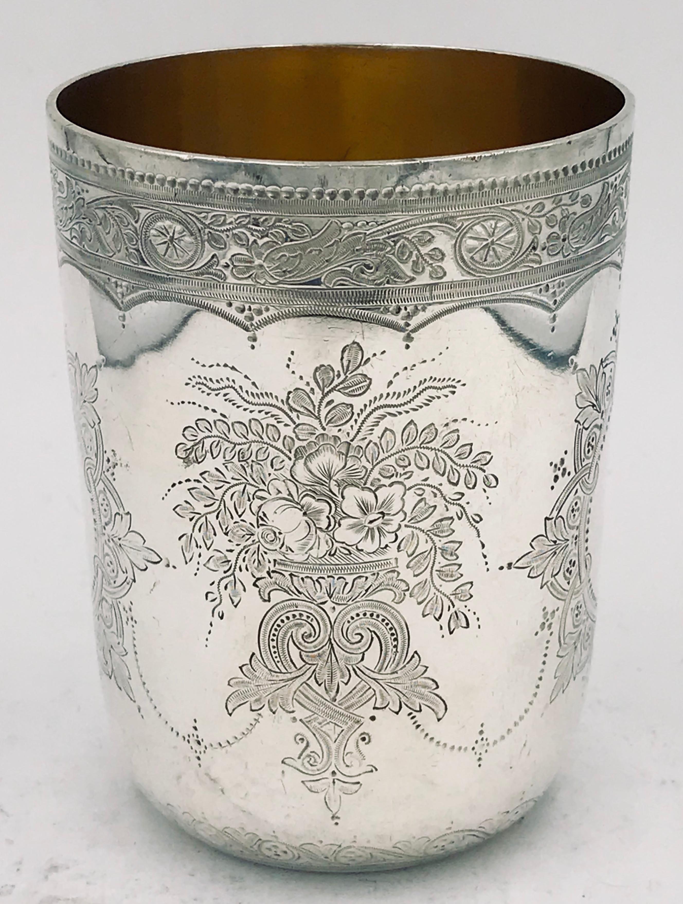 Victorian silver beaker, beautifully engraved and with a gilded interior.