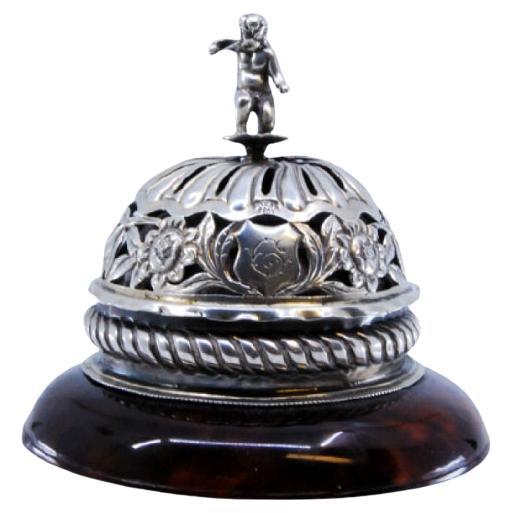 Victorian silver bell with garlands, ropes 
angel on tortoiseshell base For Sale