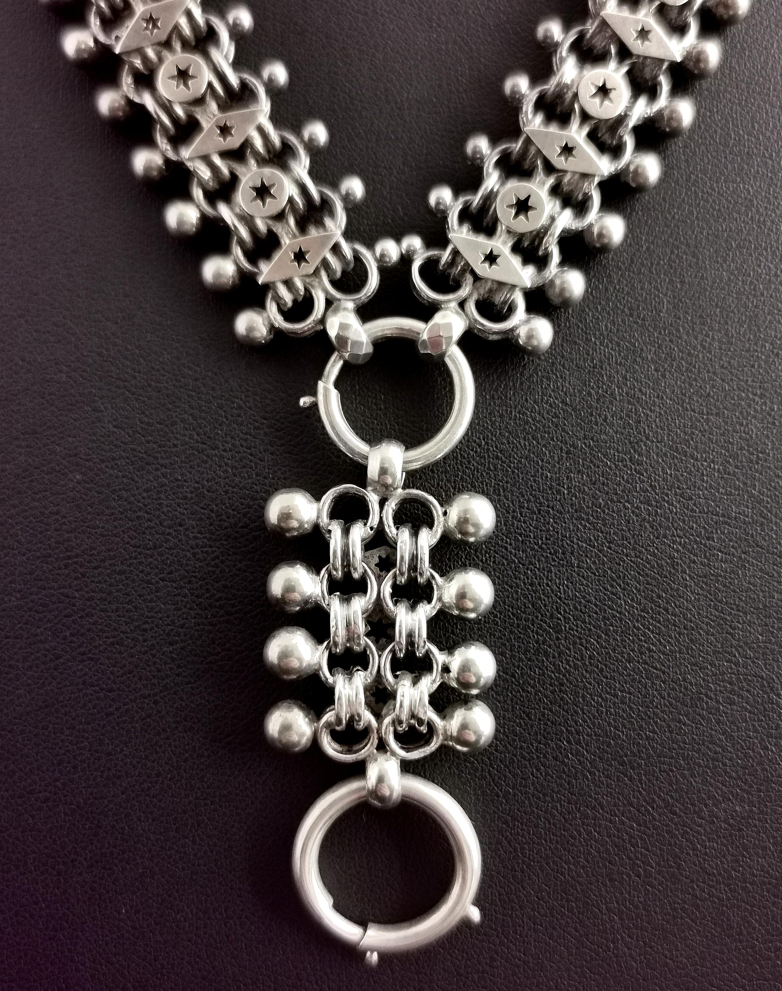 Aesthetic Movement Victorian Silver Book Chain Necklace, Aesthetic Era
