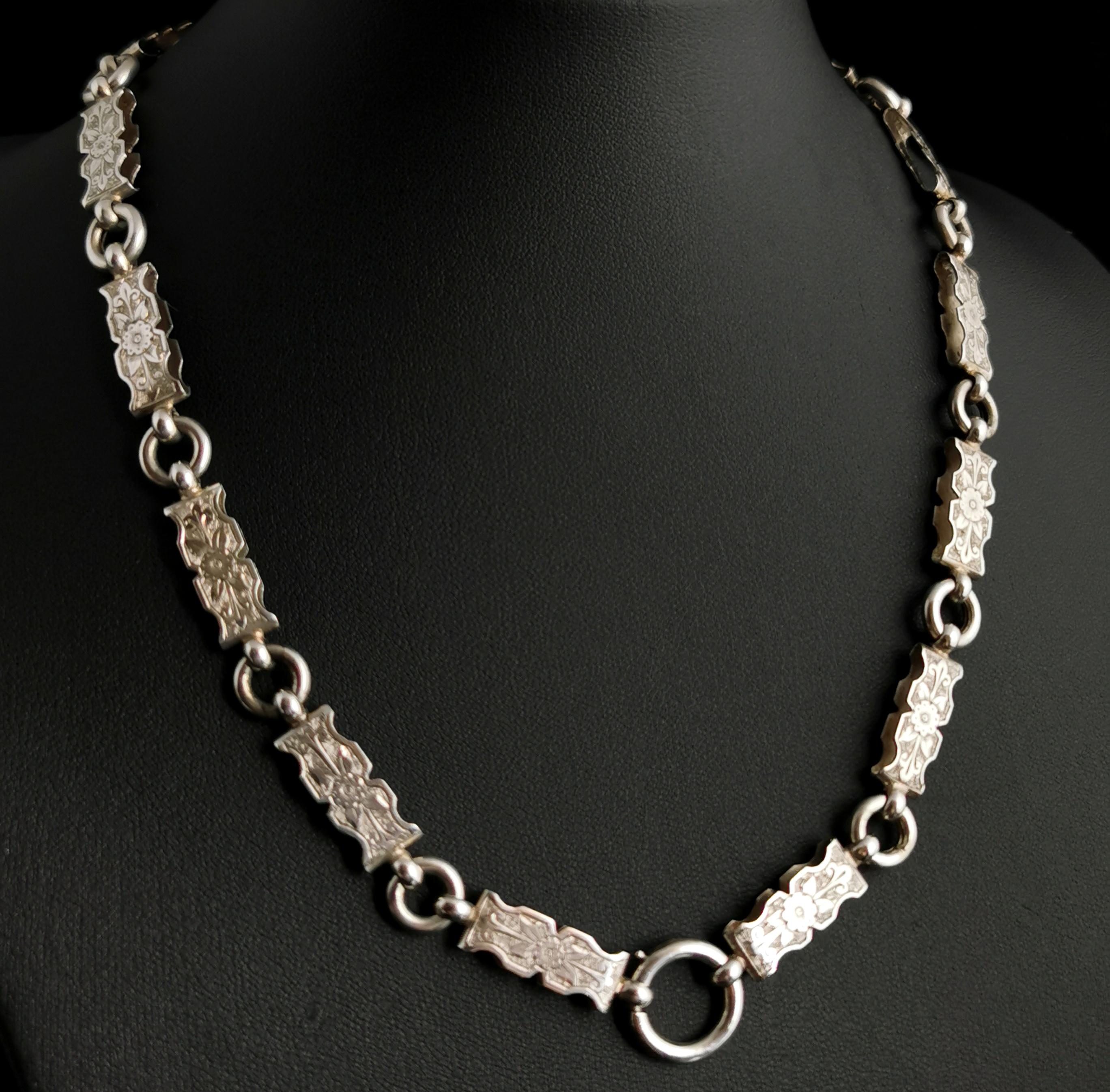 Victorian Silver Book Chain Necklace, Collar Necklace 8