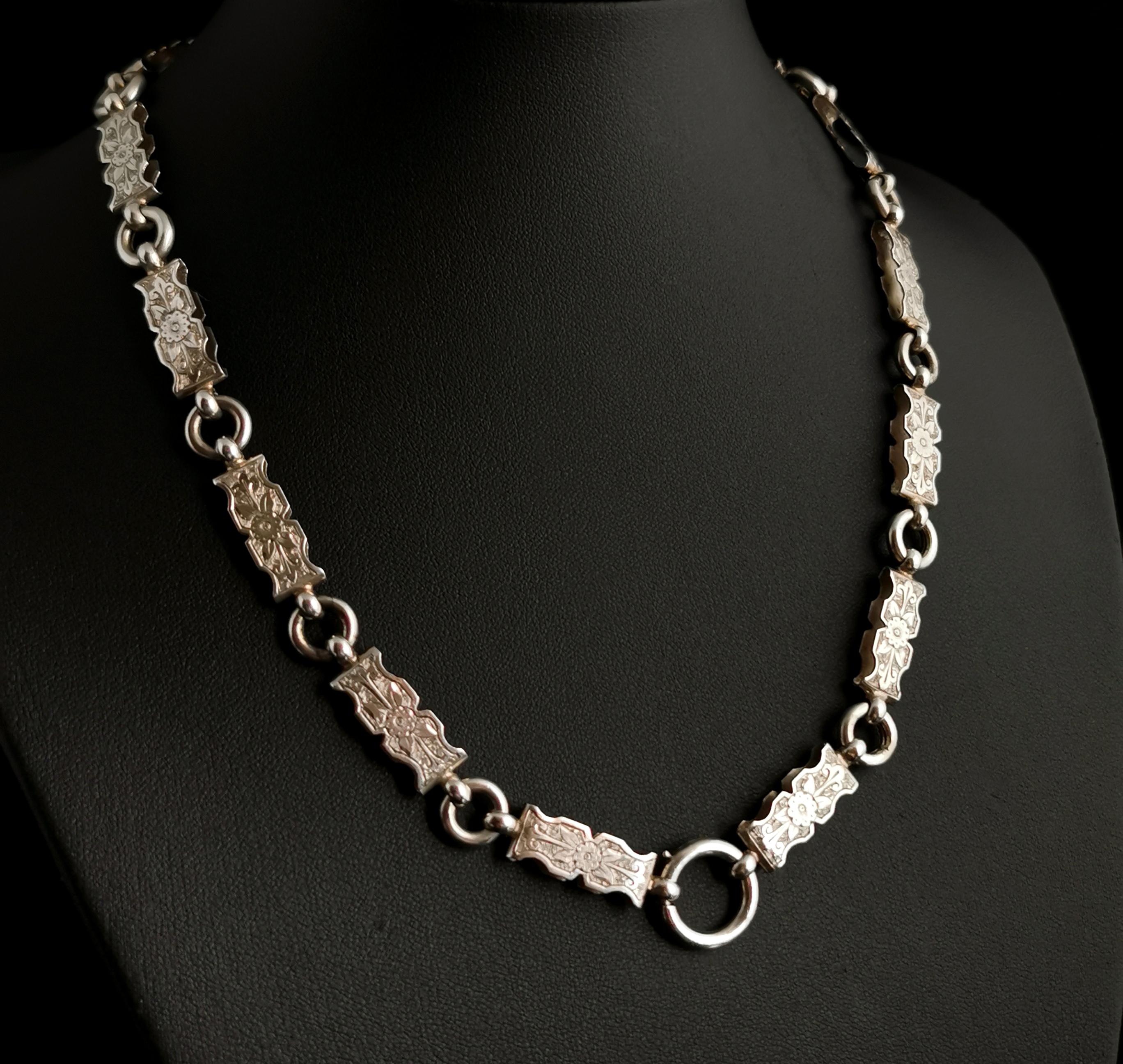 Aesthetic Movement Victorian Silver Book Chain Necklace, Collar Necklace