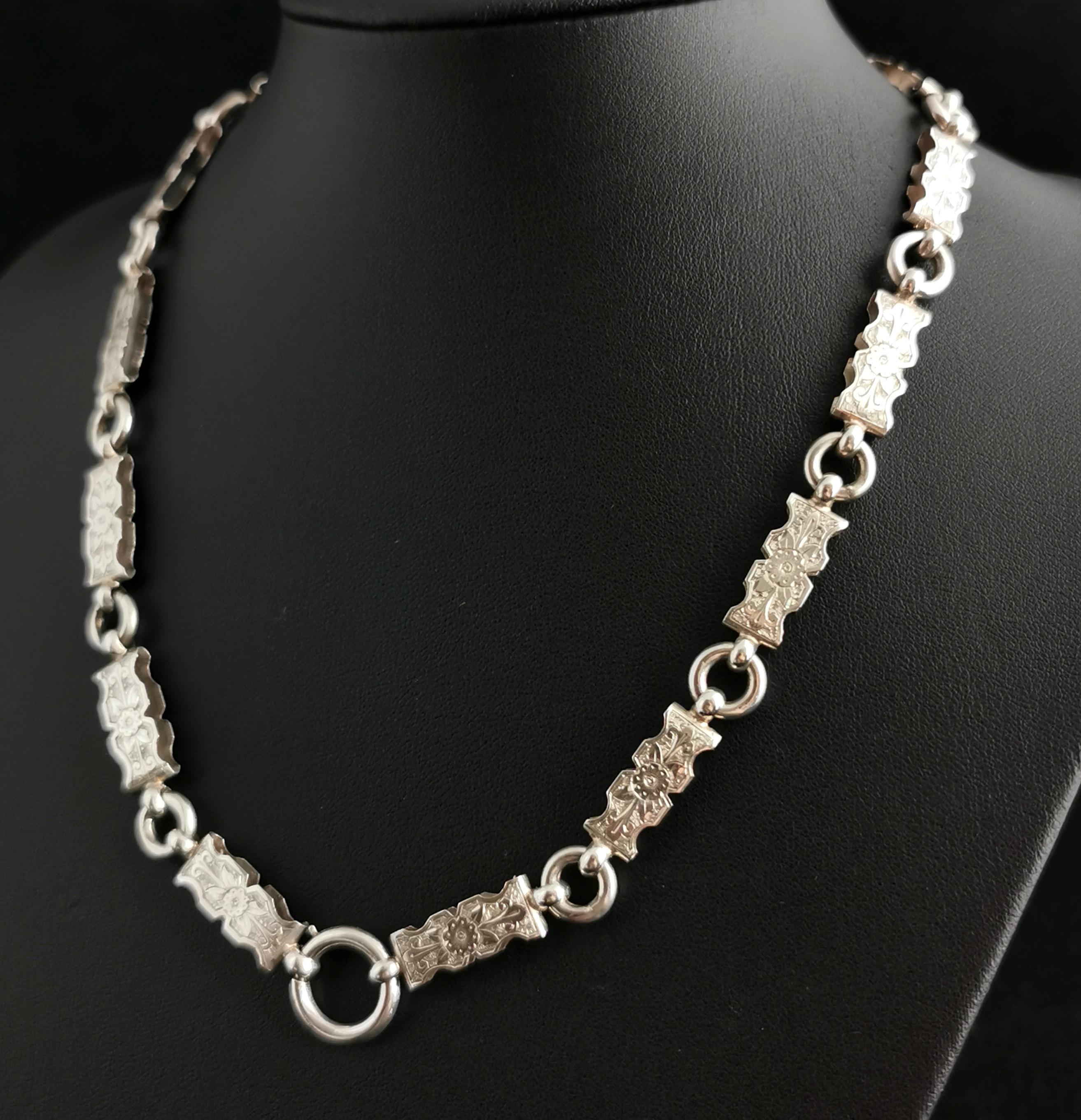 Women's Victorian Silver Book Chain Necklace, Collar Necklace