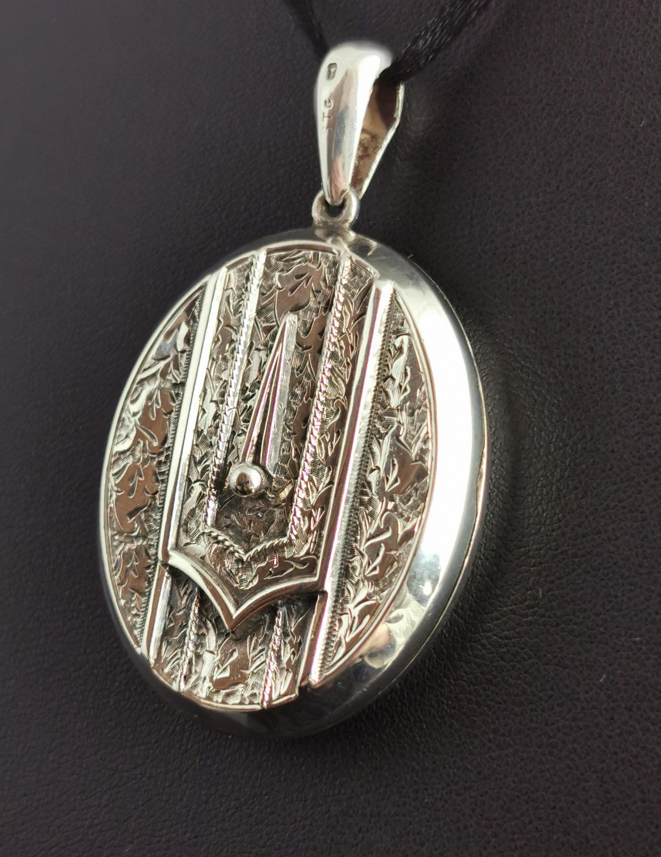 Aesthetic Movement Victorian Silver Buckle Locket, Large, Engraved