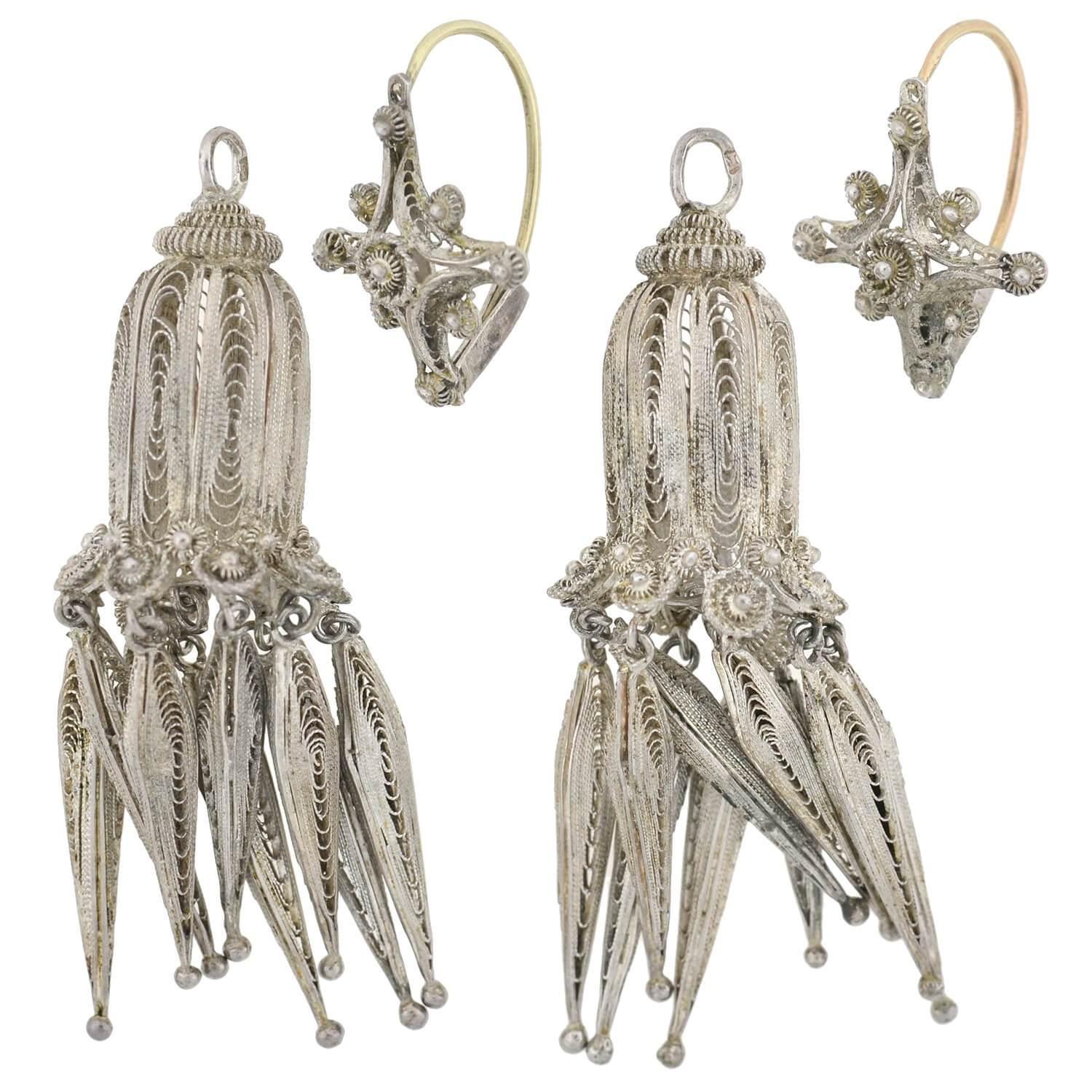 Women's Victorian Silver Cannetille Wirework Day Night Earrings