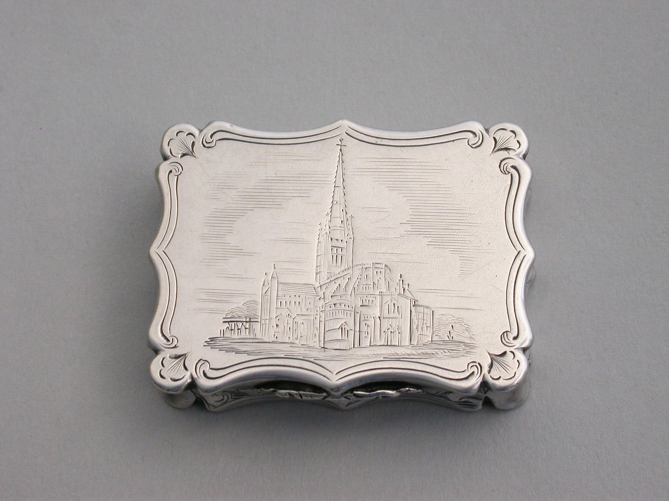 English Victorian Silver Castle-Top Vinaigrette, Norwich Cathedral Nathaniel Mills, 1843 For Sale
