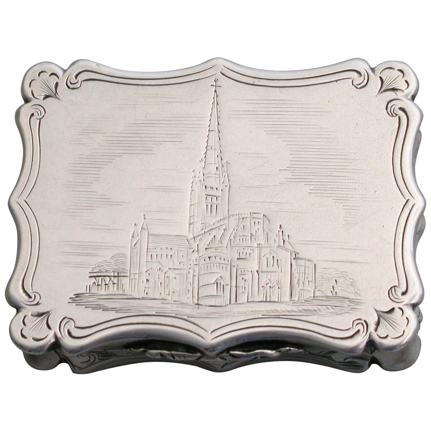 Victorian Silver Castle-Top Vinaigrette, Norwich Cathedral Nathaniel Mills, 1843 For Sale