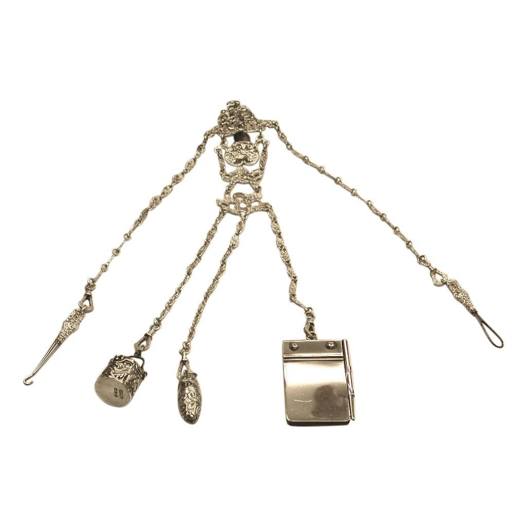 Victorian Silver Chatelaine with 5 Attachments, William Comyns, London Assay