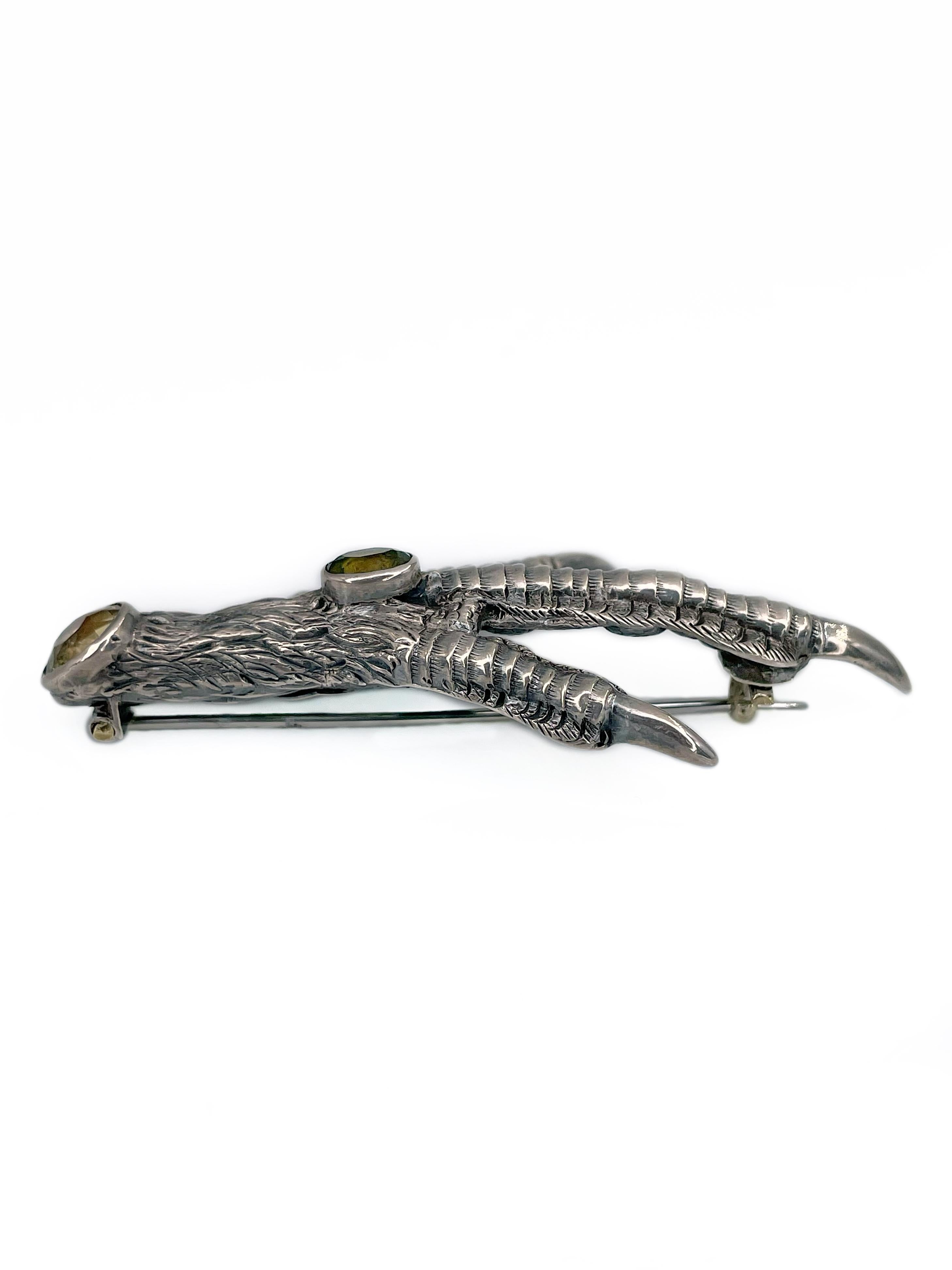 Oval Cut Victorian Silver Citrine Bird Claw Shape Pin Brooch For Sale