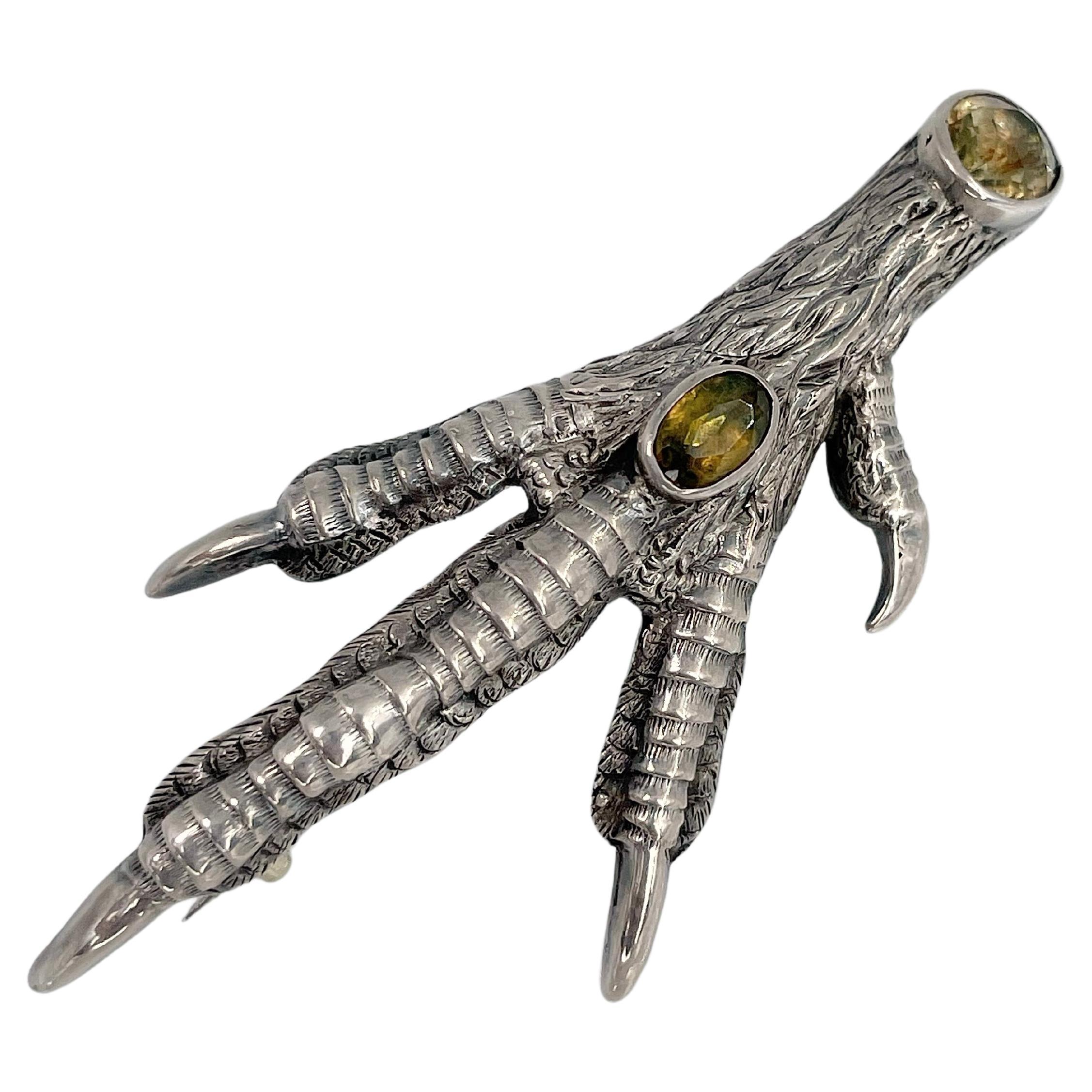 Victorian Silver Citrine Bird Claw Shape Pin Brooch For Sale
