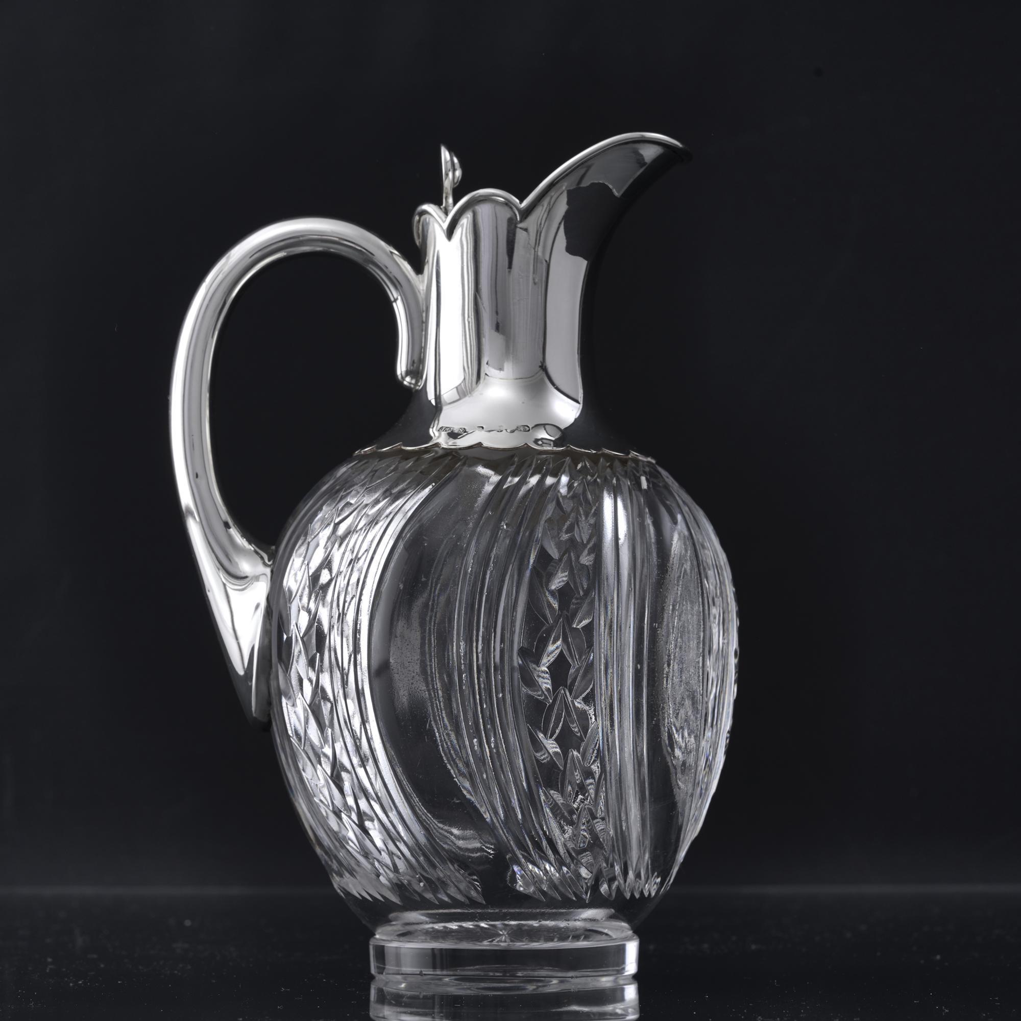 Sterling Silver Victorian silver & crystal wine jug For Sale