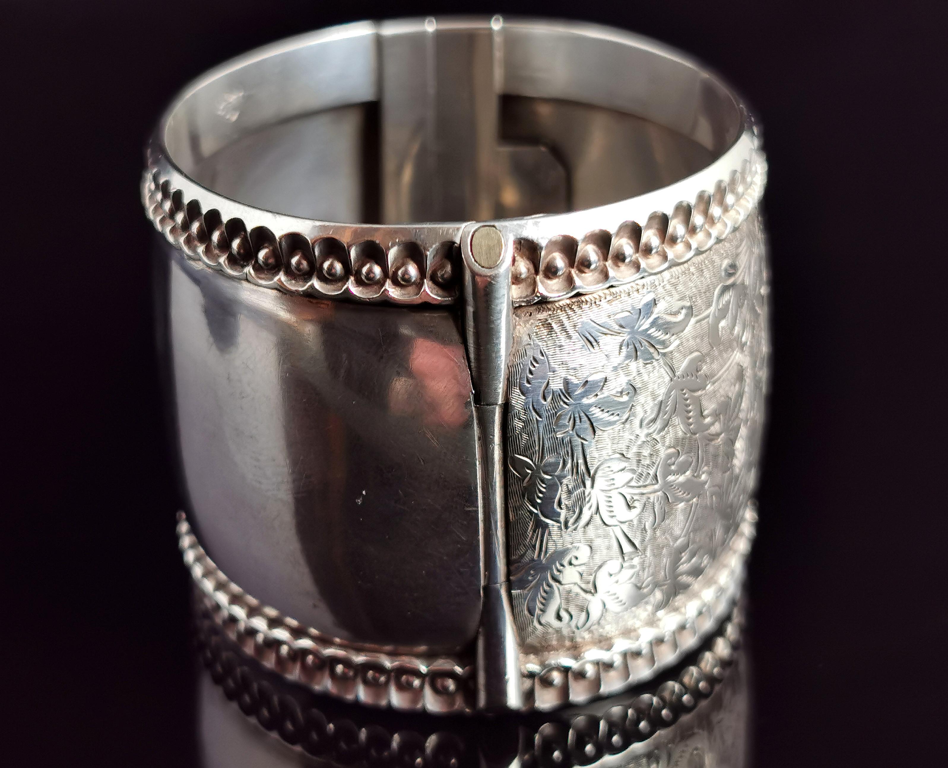 Victorian silver cuff bangle, wide, Aesthetic era  5
