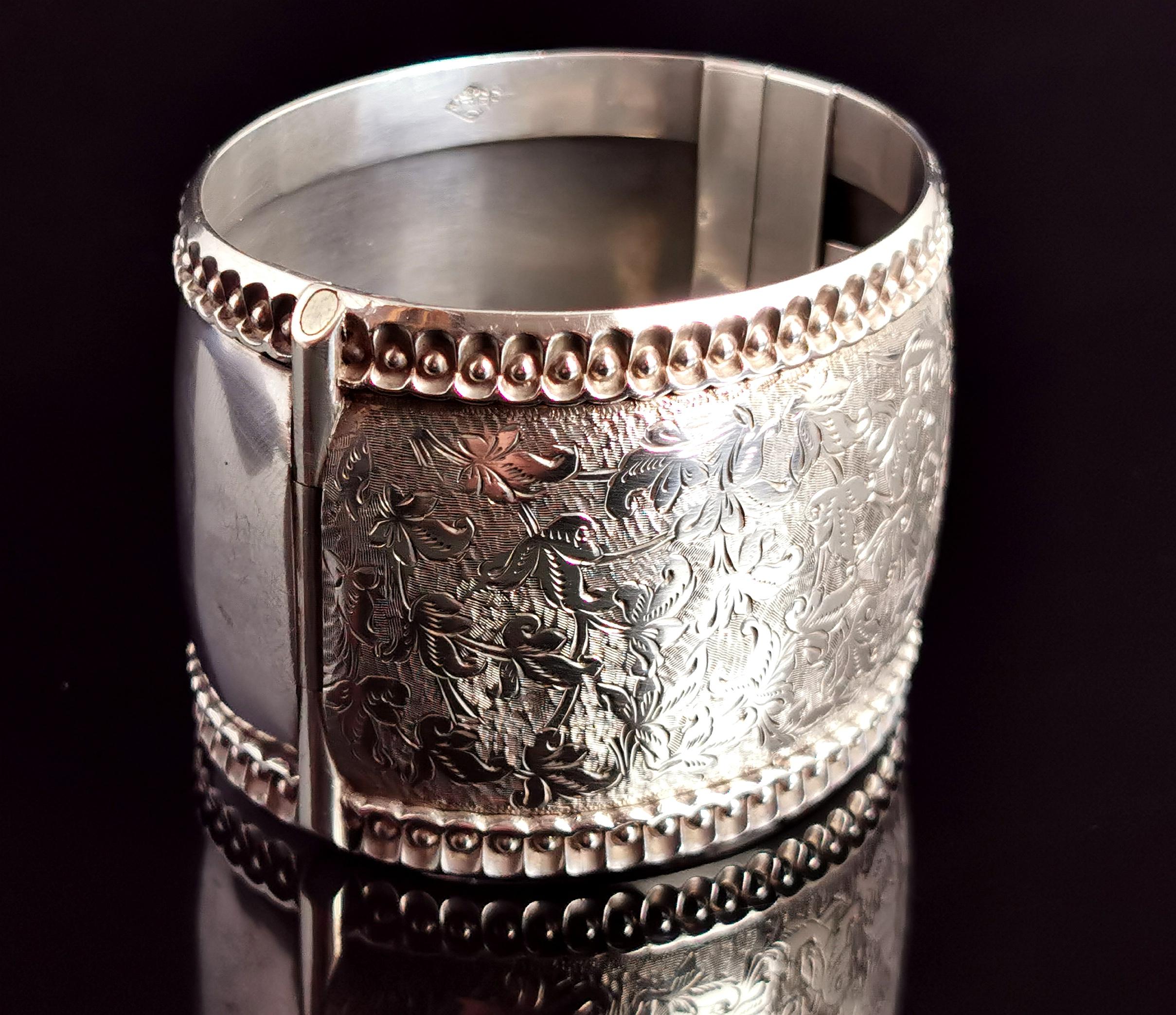 Victorian silver cuff bangle, wide, Aesthetic era  10