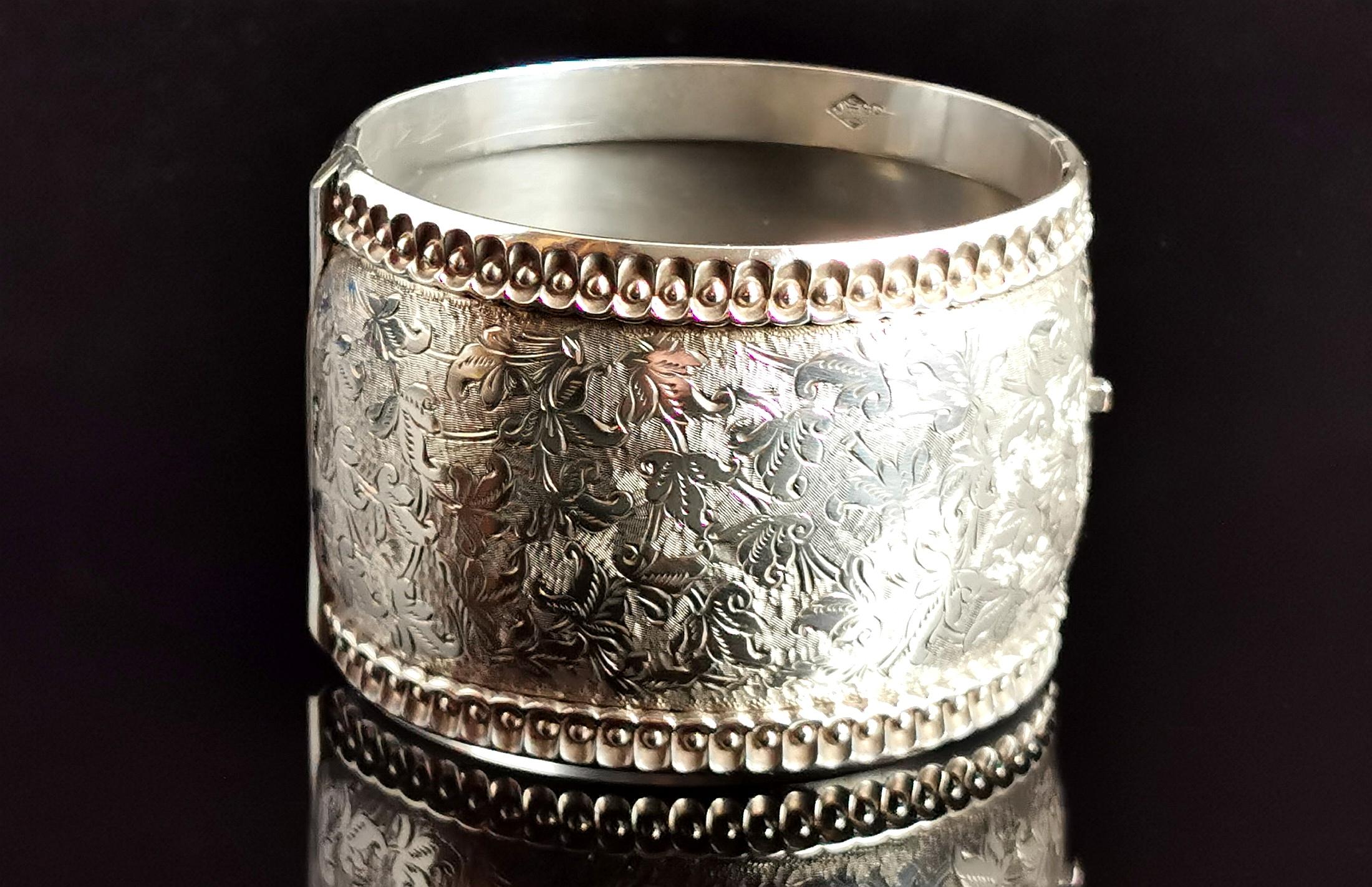 Women's Victorian silver cuff bangle, wide, Aesthetic era 