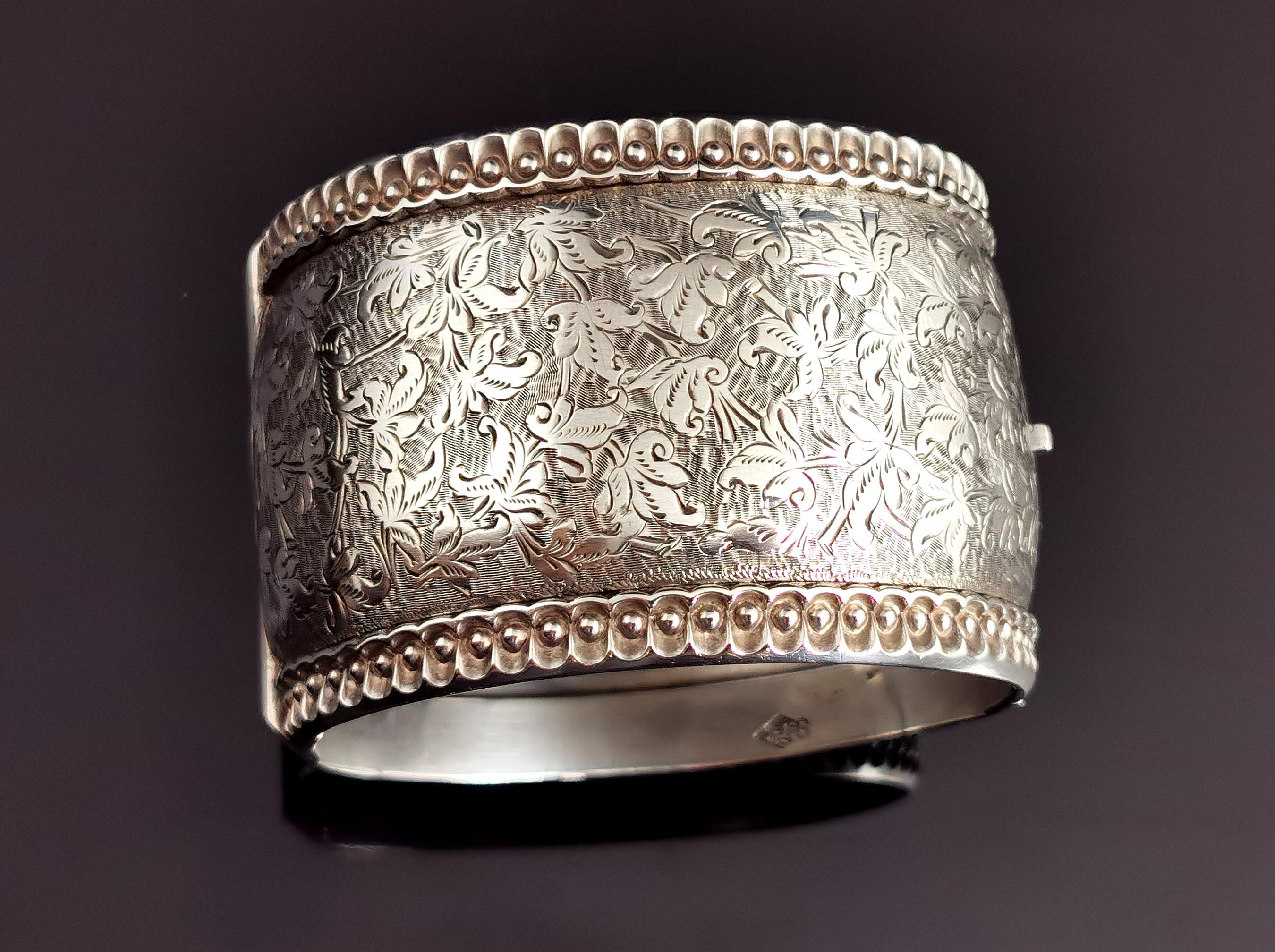 Victorian silver cuff bangle, wide, Aesthetic era  1