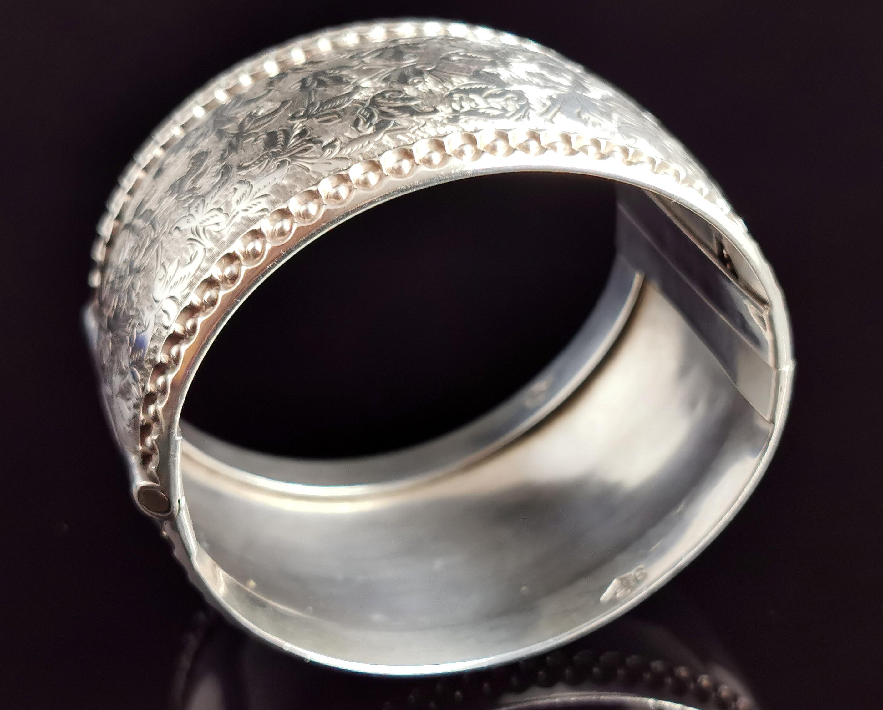 Victorian silver cuff bangle, wide, Aesthetic era  2