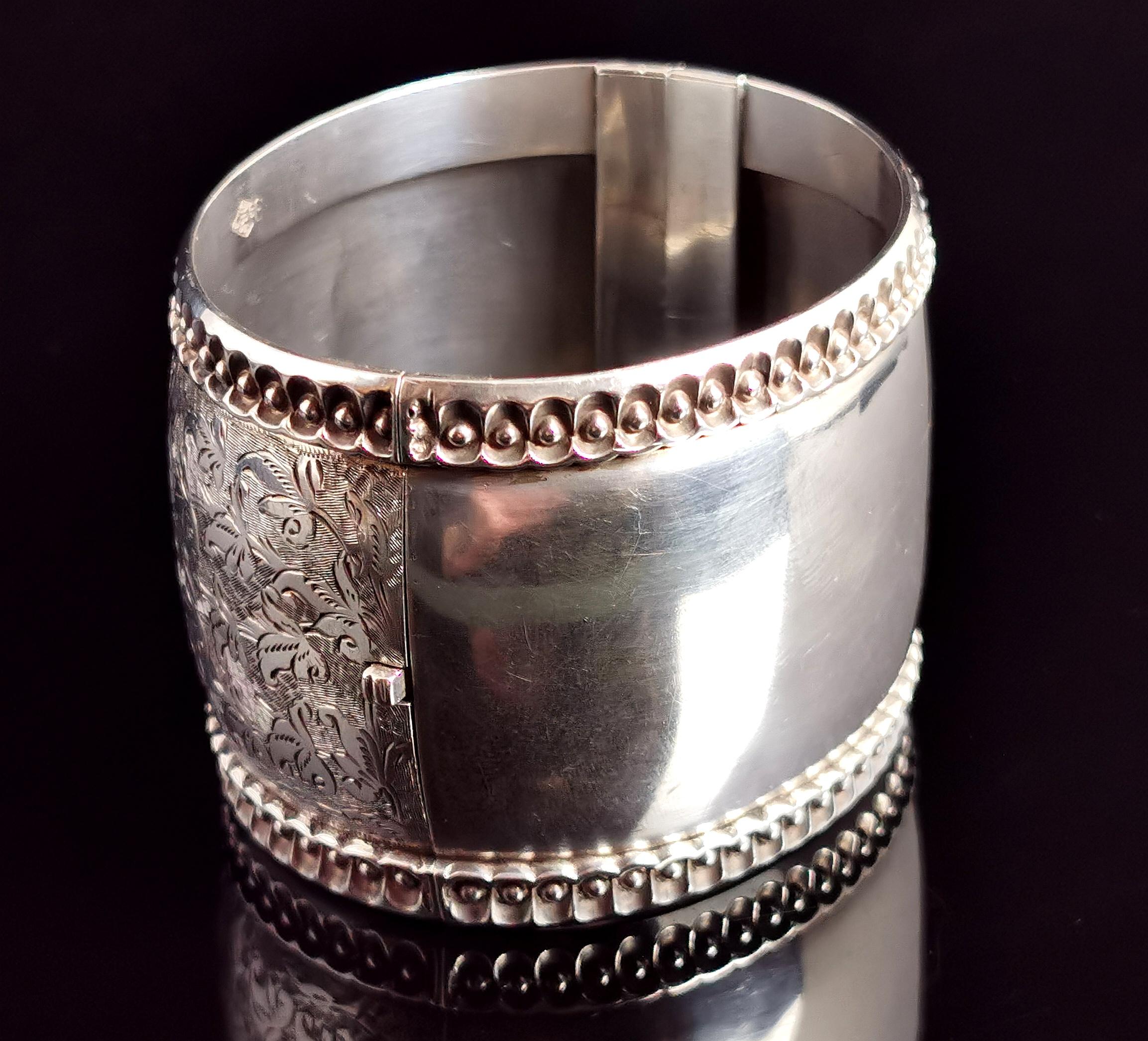 Victorian silver cuff bangle, wide, Aesthetic era  3