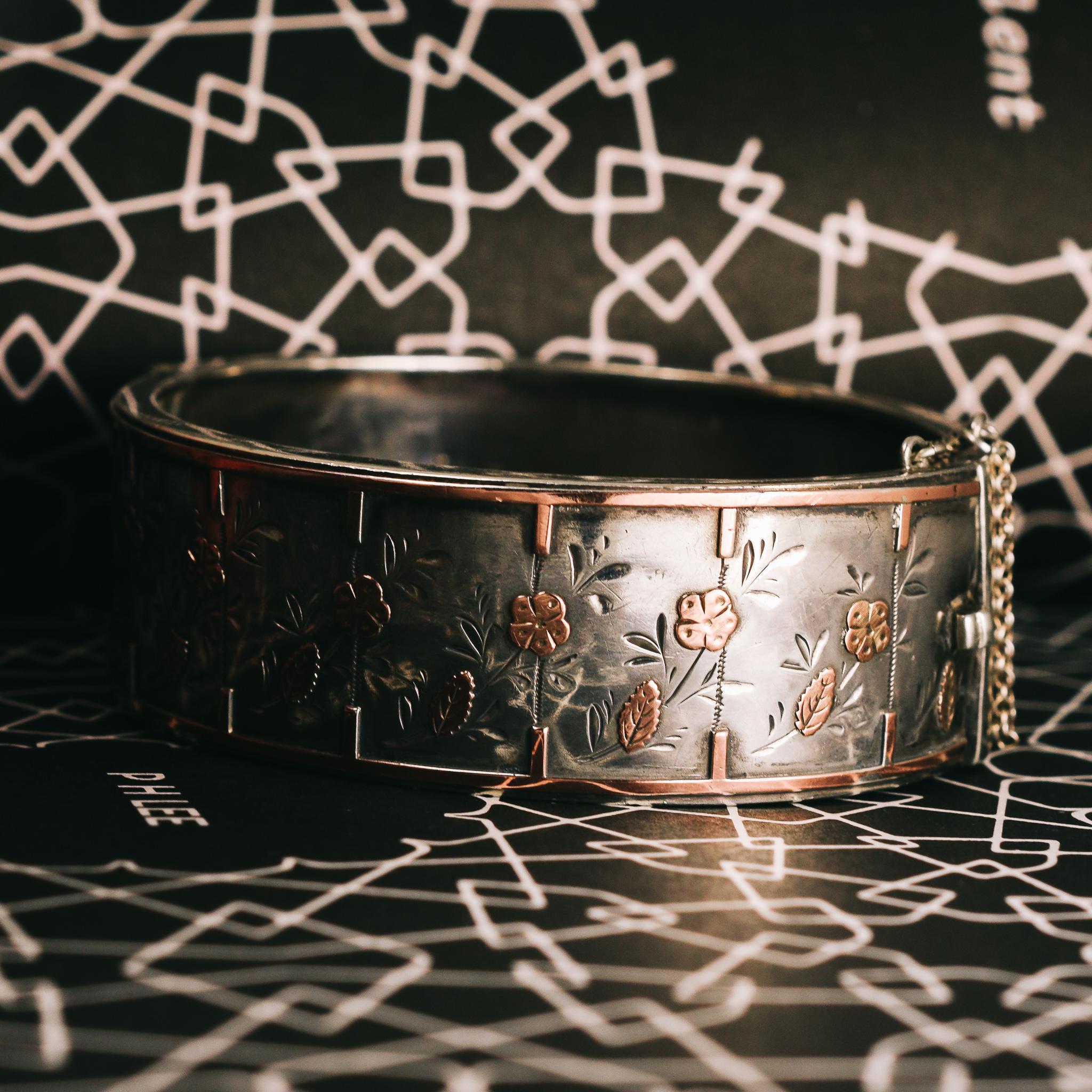 Victorian Silver Cuff Bangle with Rose Gold Inlay 1