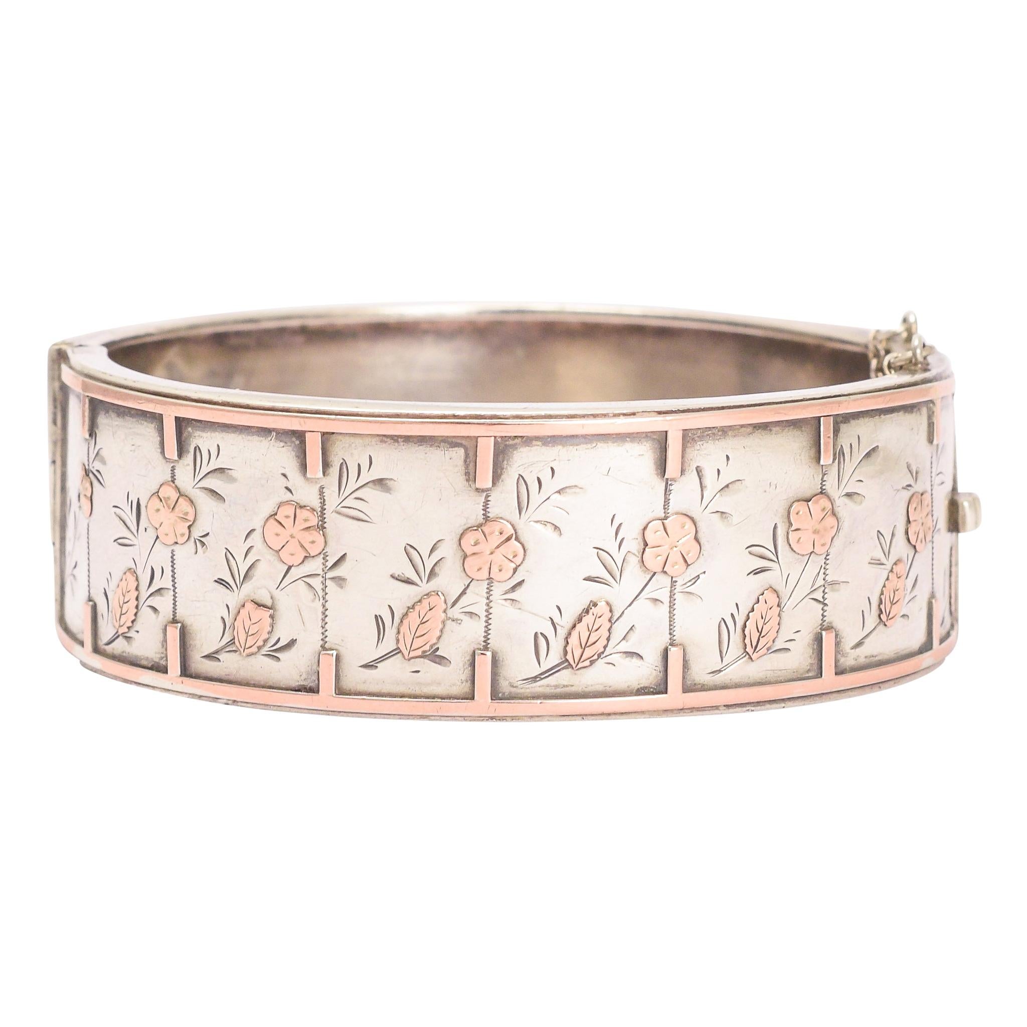 Victorian Silver Cuff Bangle with Rose Gold Inlay