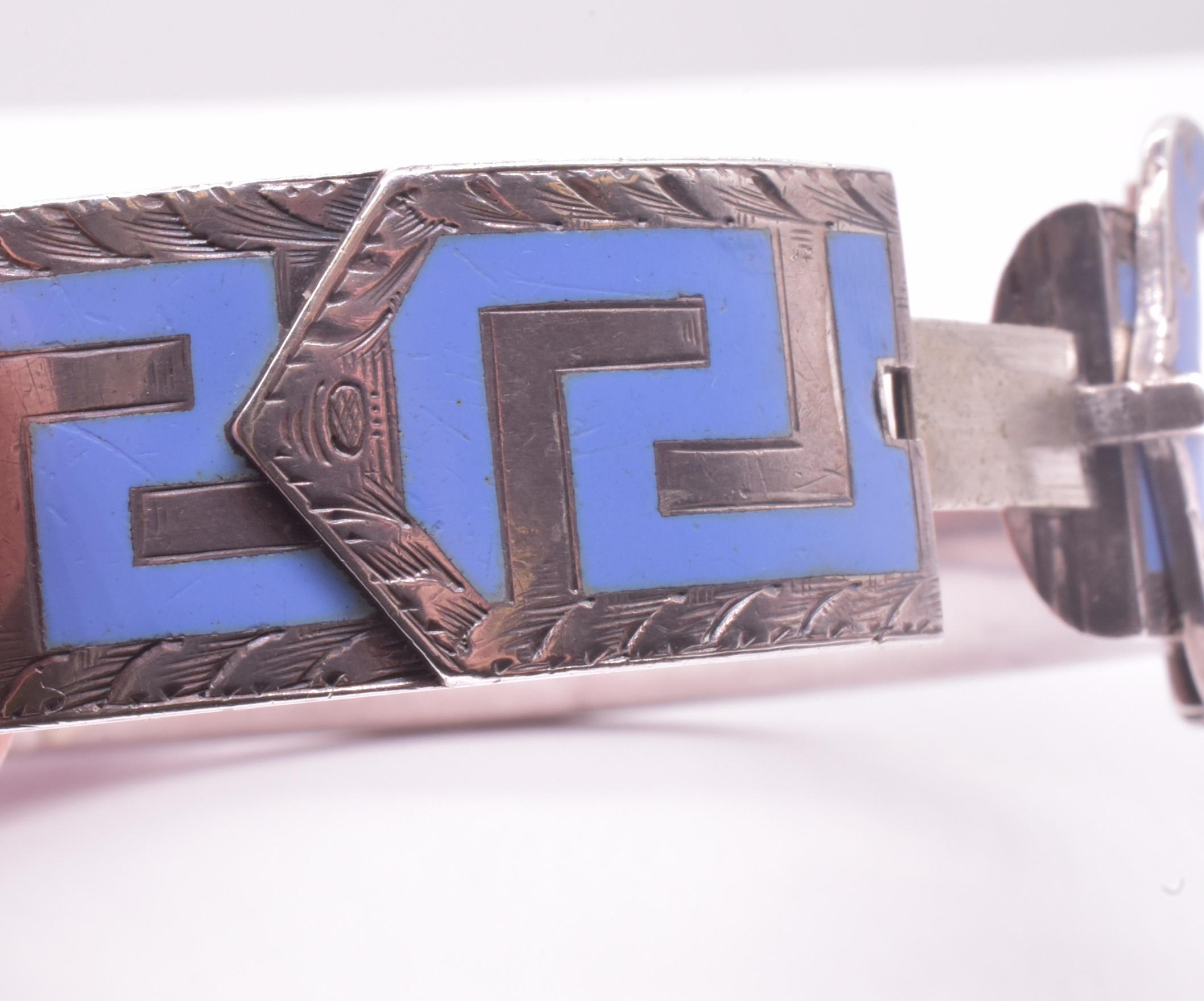 Victorian Silver Cuff Buckle Bracelet w Lavender Enamel Greek Key Design For Sale 5