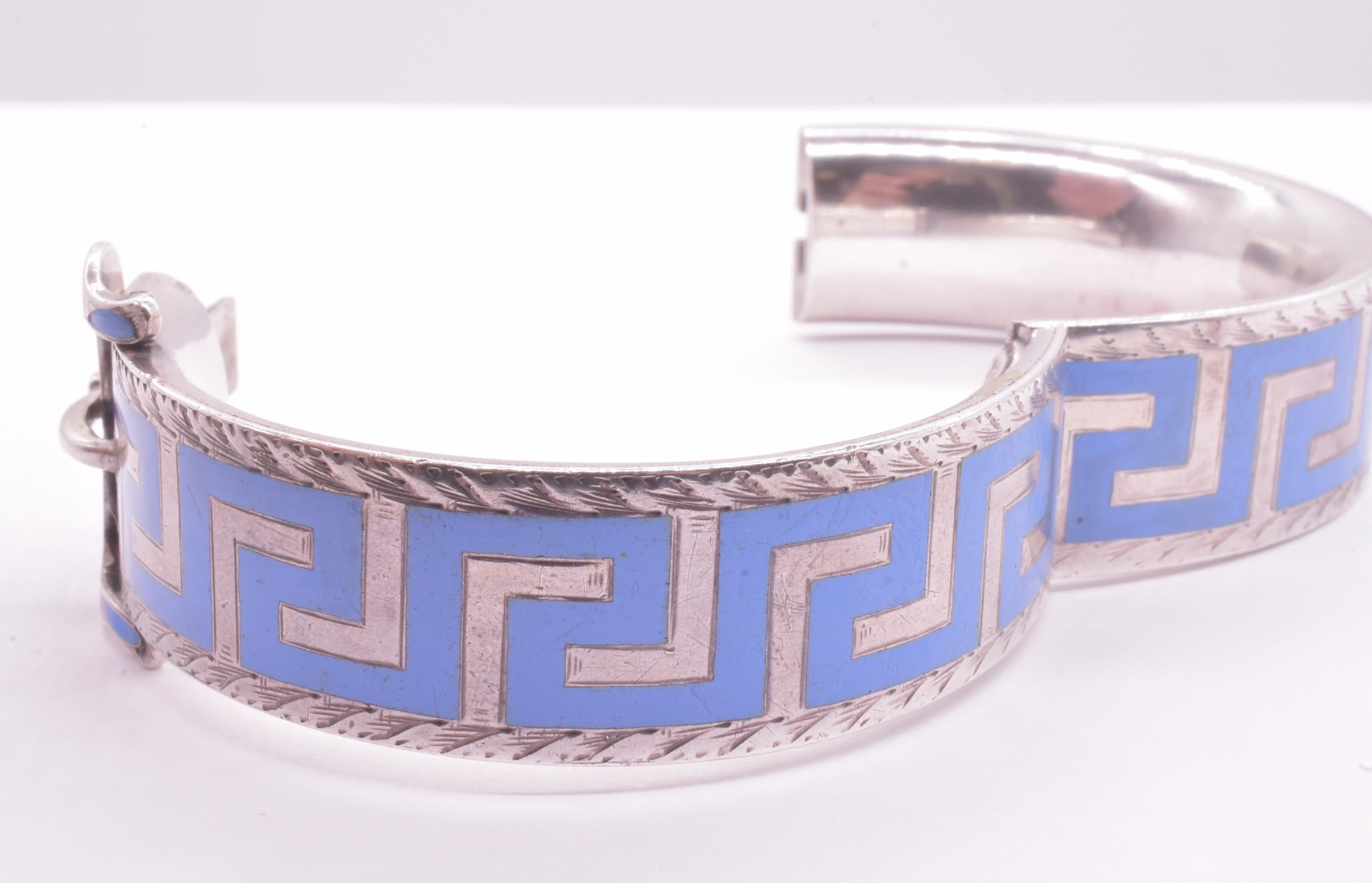 Women's or Men's Victorian Silver Cuff Buckle Bracelet w Lavender Enamel Greek Key Design For Sale