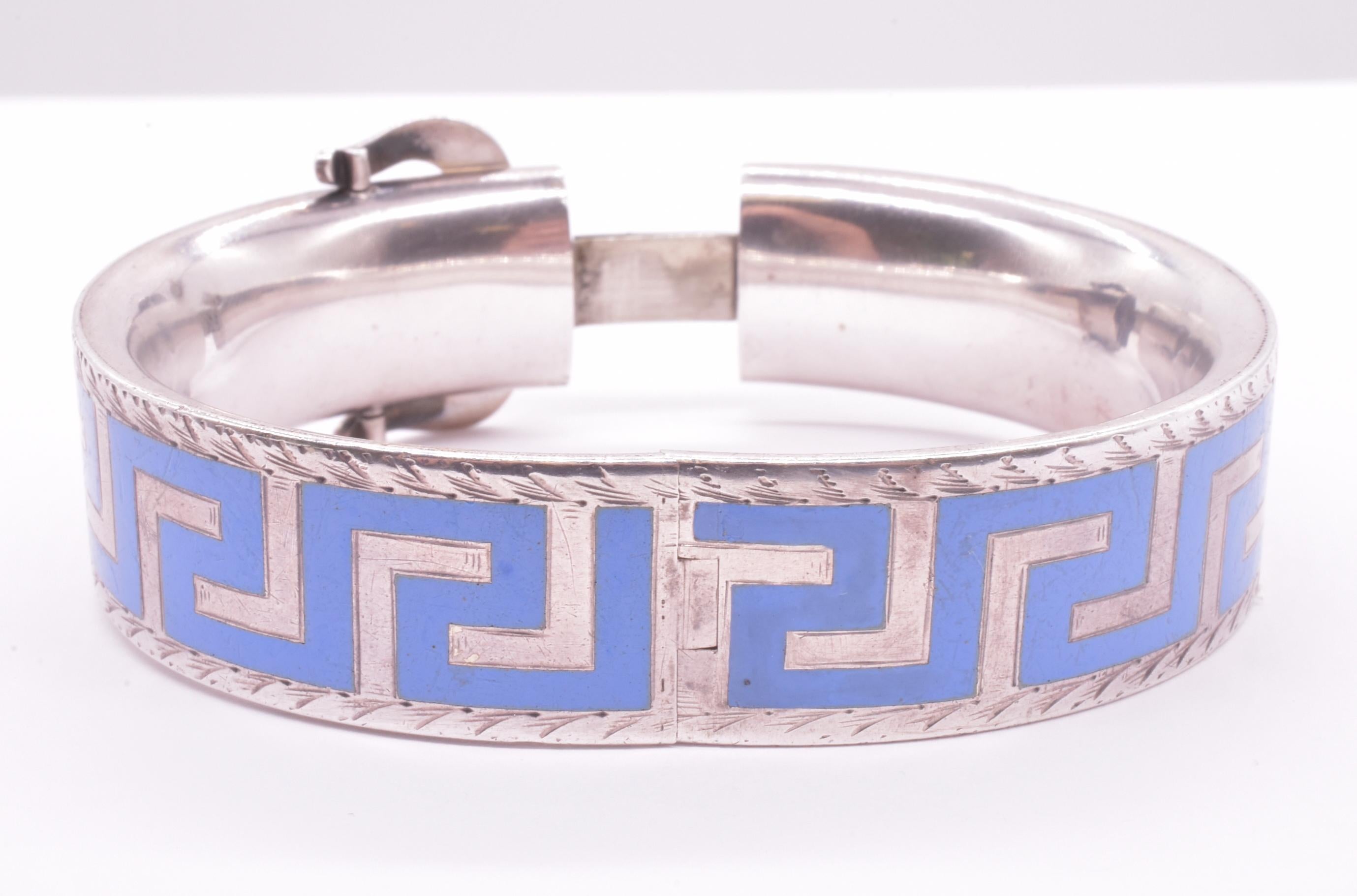 Victorian Silver Cuff Buckle Bracelet w Lavender Enamel Greek Key Design For Sale 1