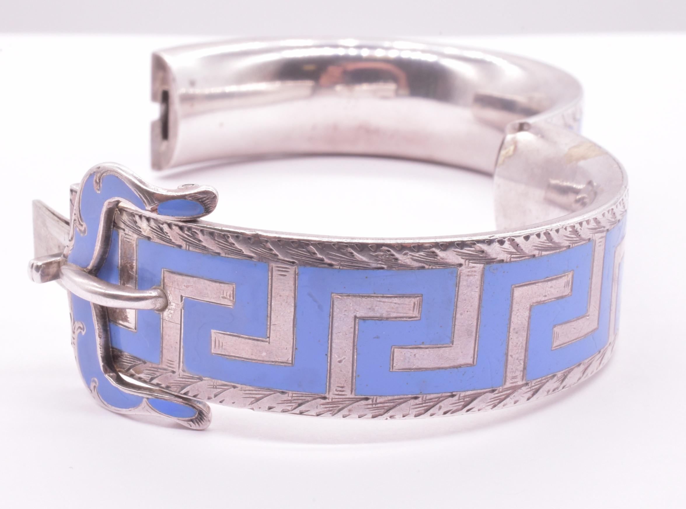 Victorian Silver Cuff Buckle Bracelet w Lavender Enamel Greek Key Design For Sale 3