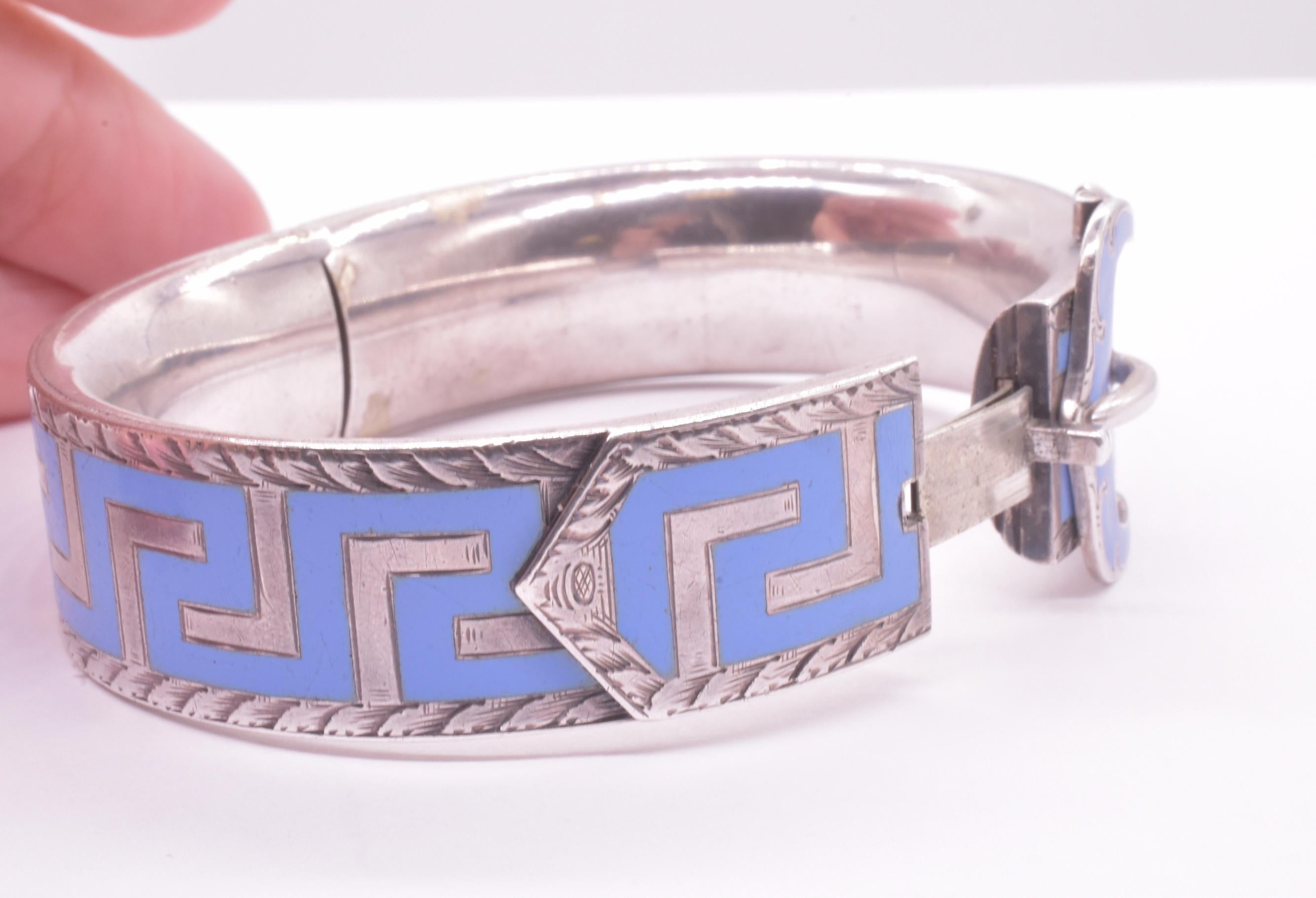 Victorian Silver Cuff Buckle Bracelet w Lavender Enamel Greek Key Design For Sale 4