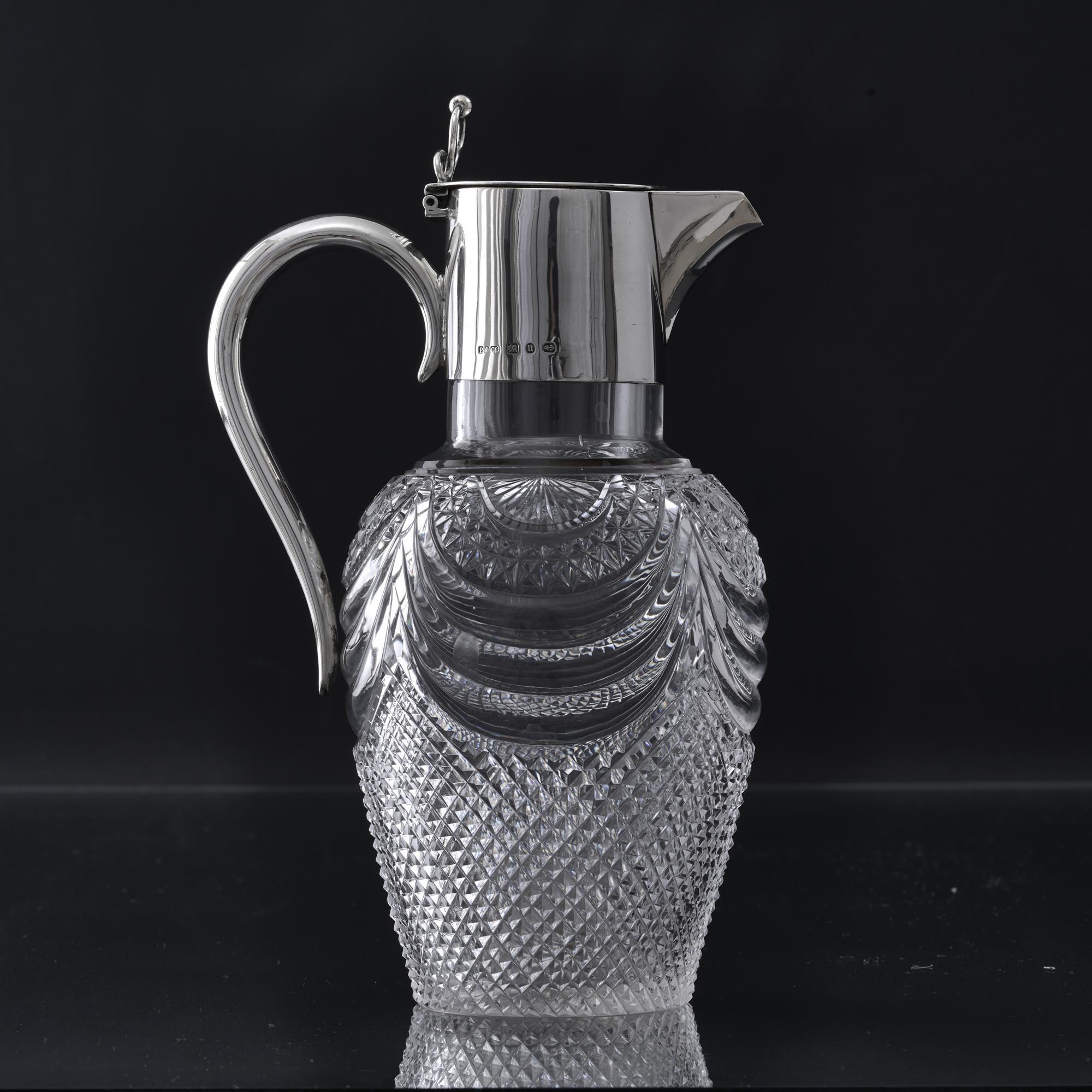 British Victorian silver & cut glass wine jug For Sale