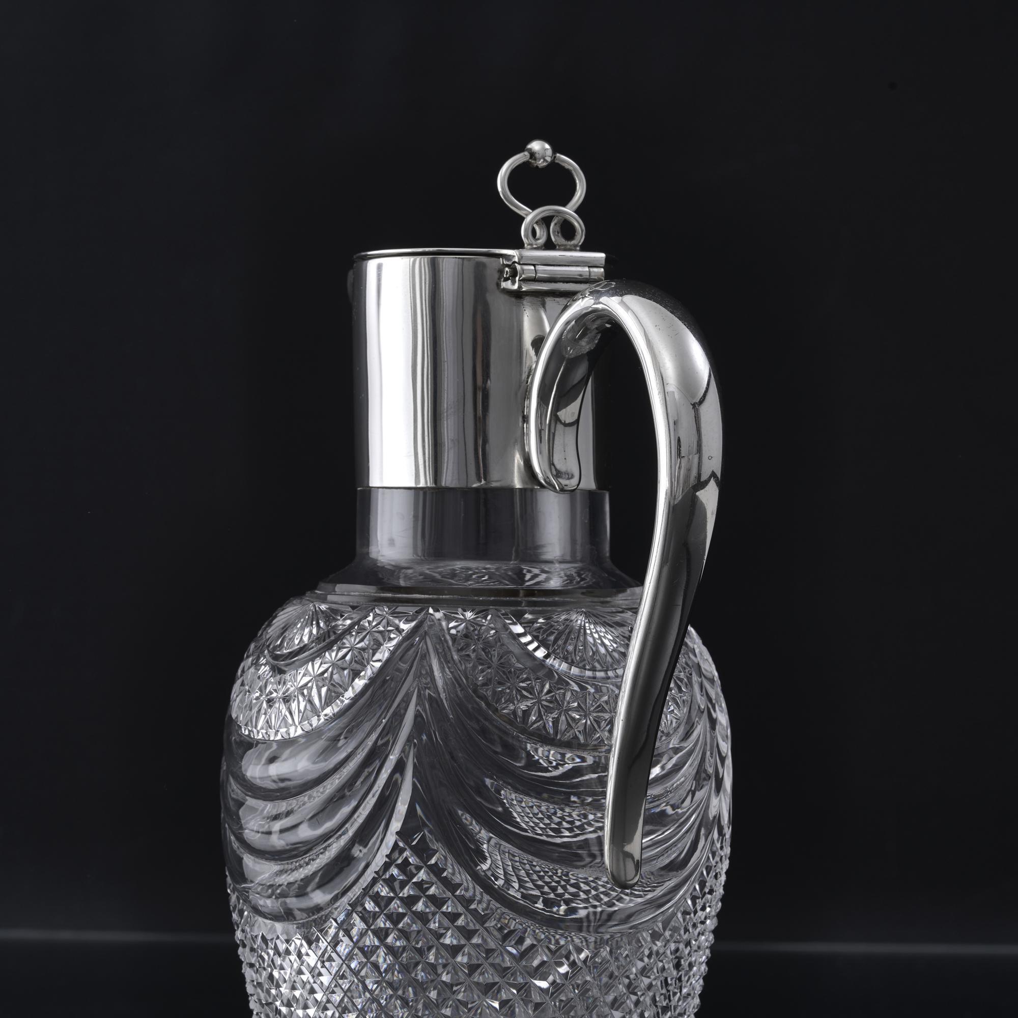 Sterling Silver Victorian silver & cut glass wine jug For Sale