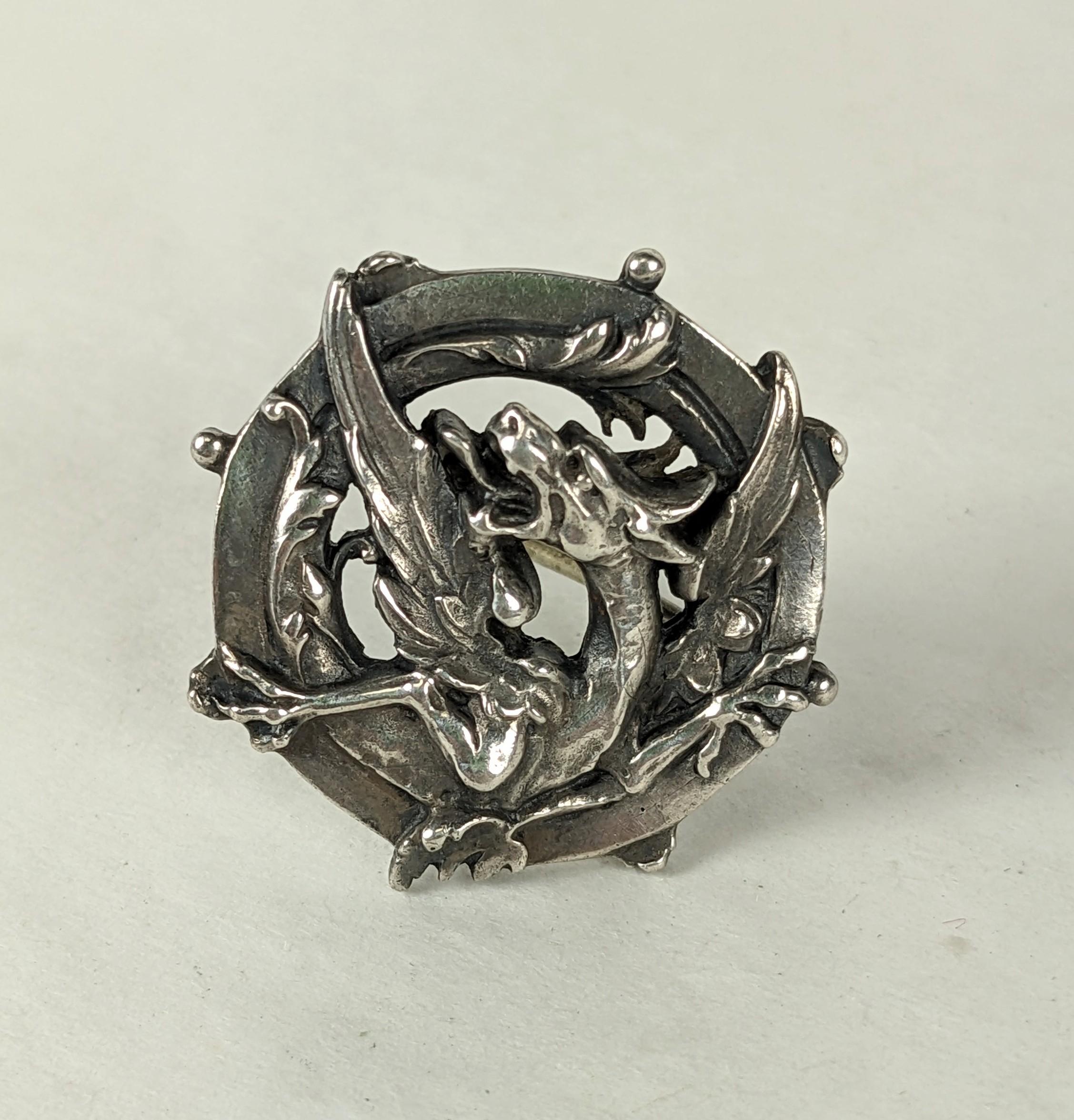 Victorian Silver Dragon Brooch from the 19th Century. Incredible detail and realistic rendering of a dragon escaping in flight. Perfect as a mens lapel brooch. 1870's USA. 