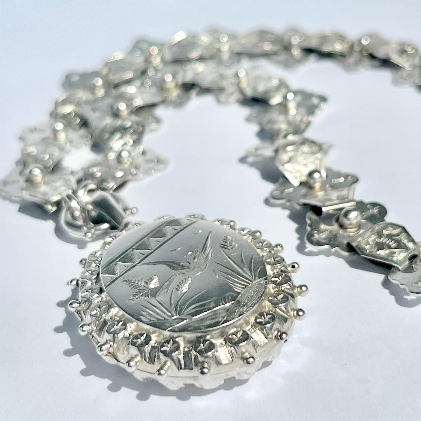 Women's or Men's Victorian Silver Fancy Collar Necklace and Locket For Sale