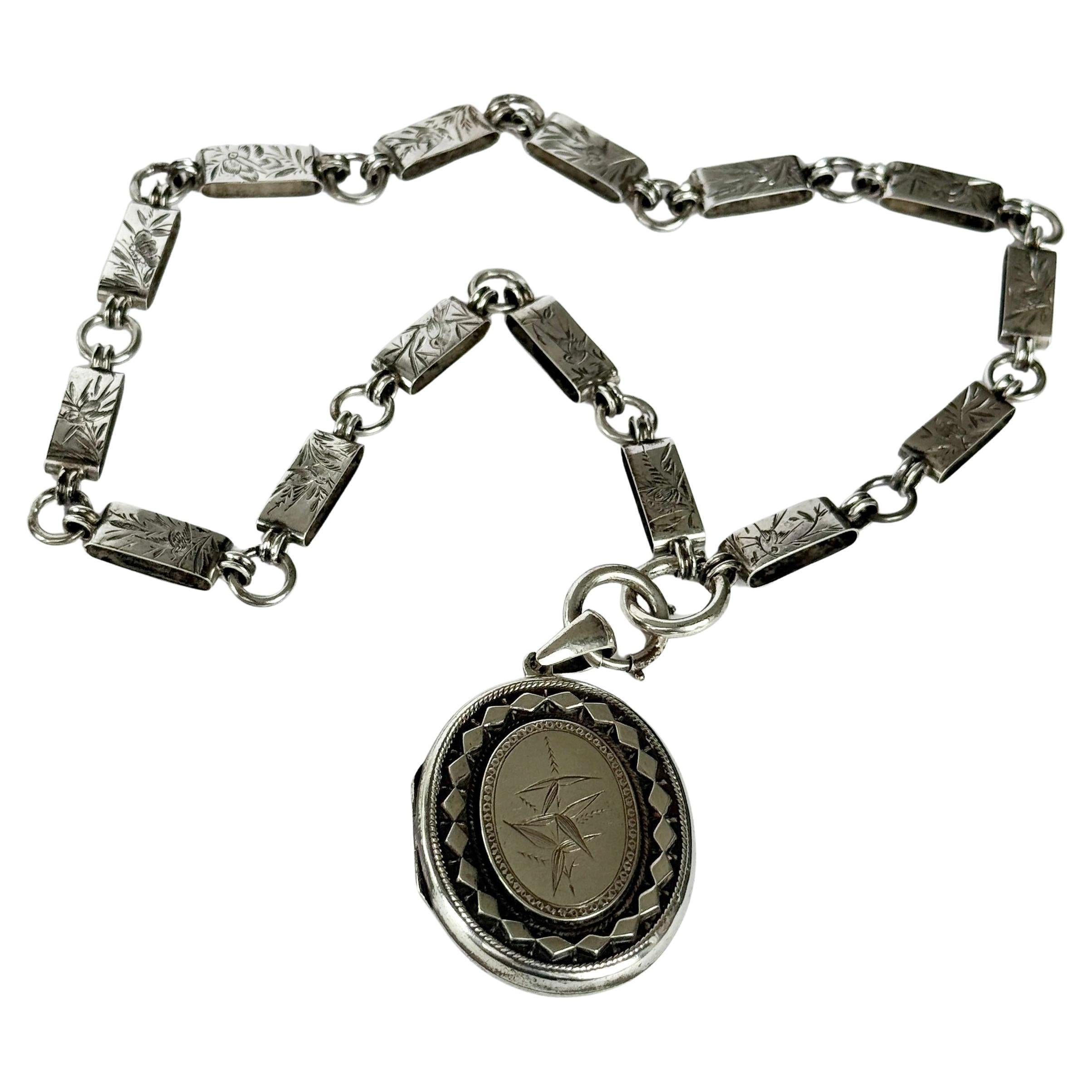 Victorian Silver Fancy Collar Necklace and Locket For Sale