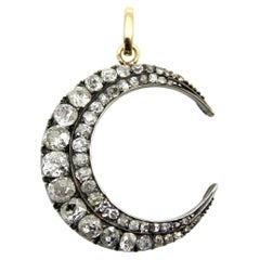 Victorian Silver Front 14K Gold Back Old Mine Cut Diamond Crescent Moon Pendant