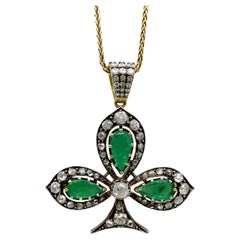 Ciondolo Shamrock vittoriano in argento con retro in oro 18 carati, diamanti e smeraldi
