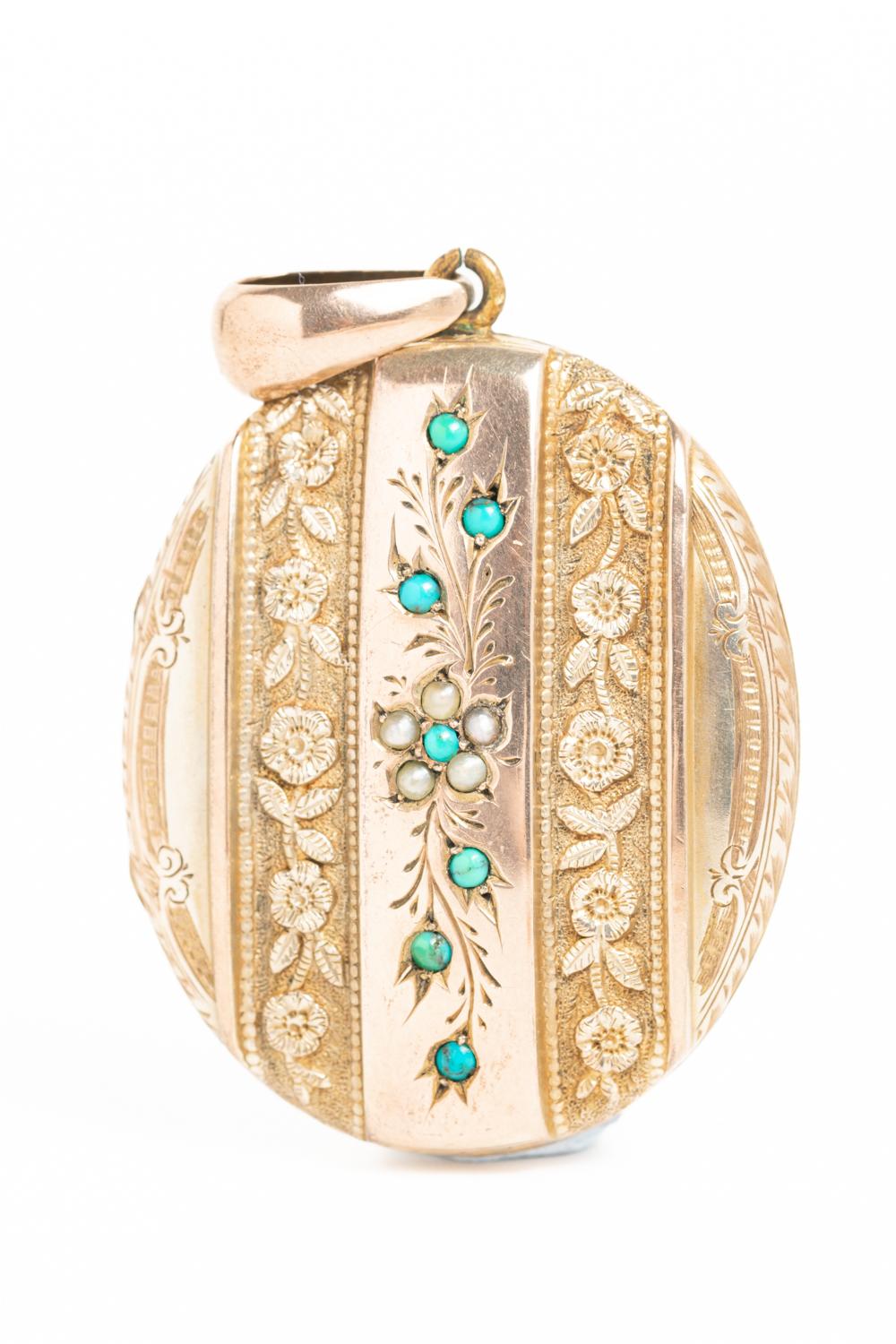 Cabochon Victorian Silver Gilt And 9ct Gold Floral Locket with Turquoise and Pearl