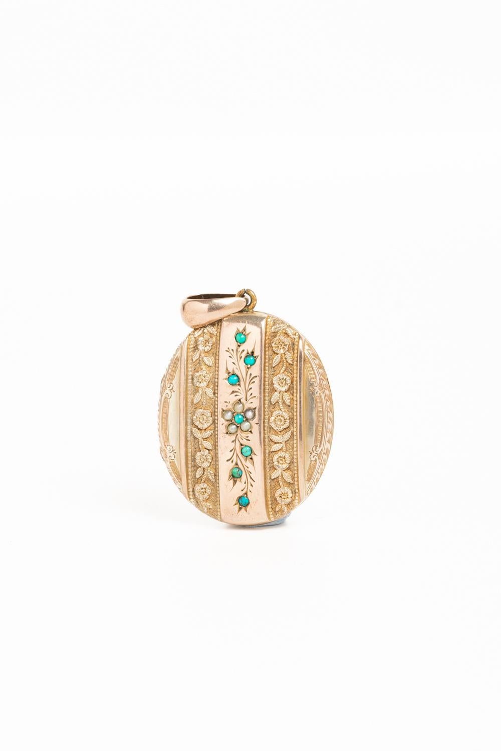 Victorian Silver Gilt And 9ct Gold Floral Locket with Turquoise and Pearl In Good Condition In Portland, GB