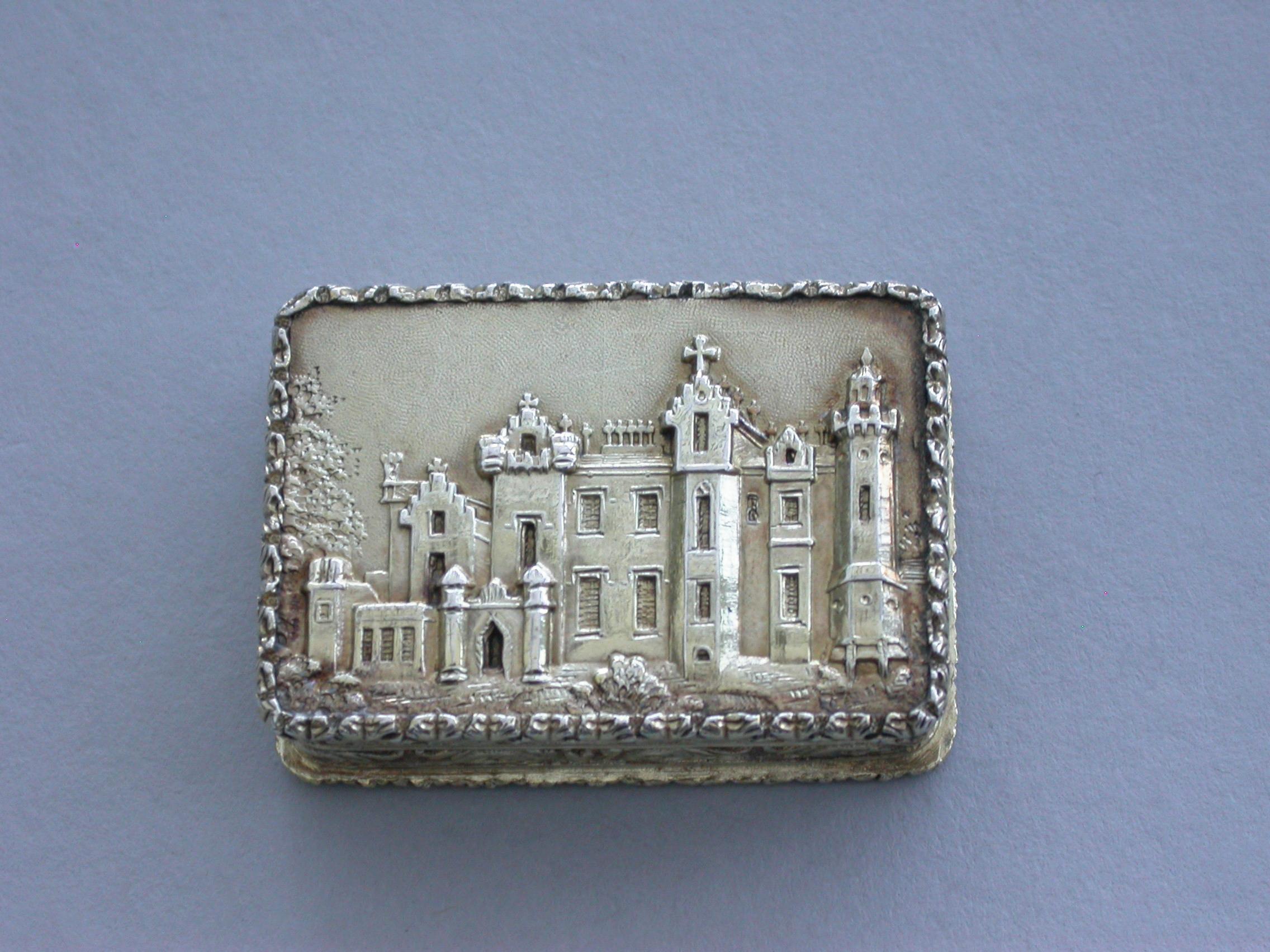 English Victorian Silver Gilt Castle Top Vinaigrette Abbotsford House by N Mills, 1838 For Sale