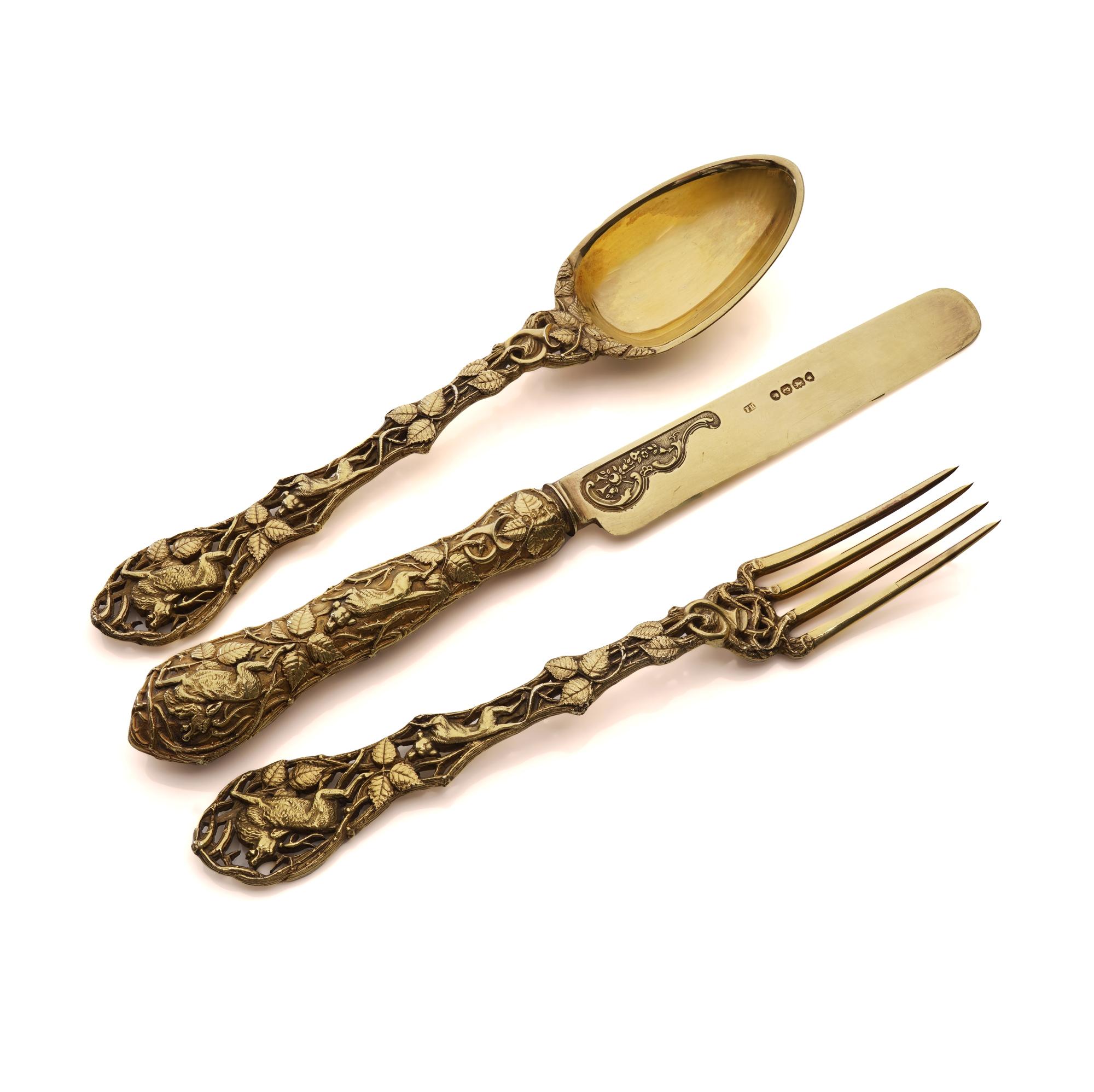 British Victorian Silver Gilt Christening Set with hunting scenes For Sale