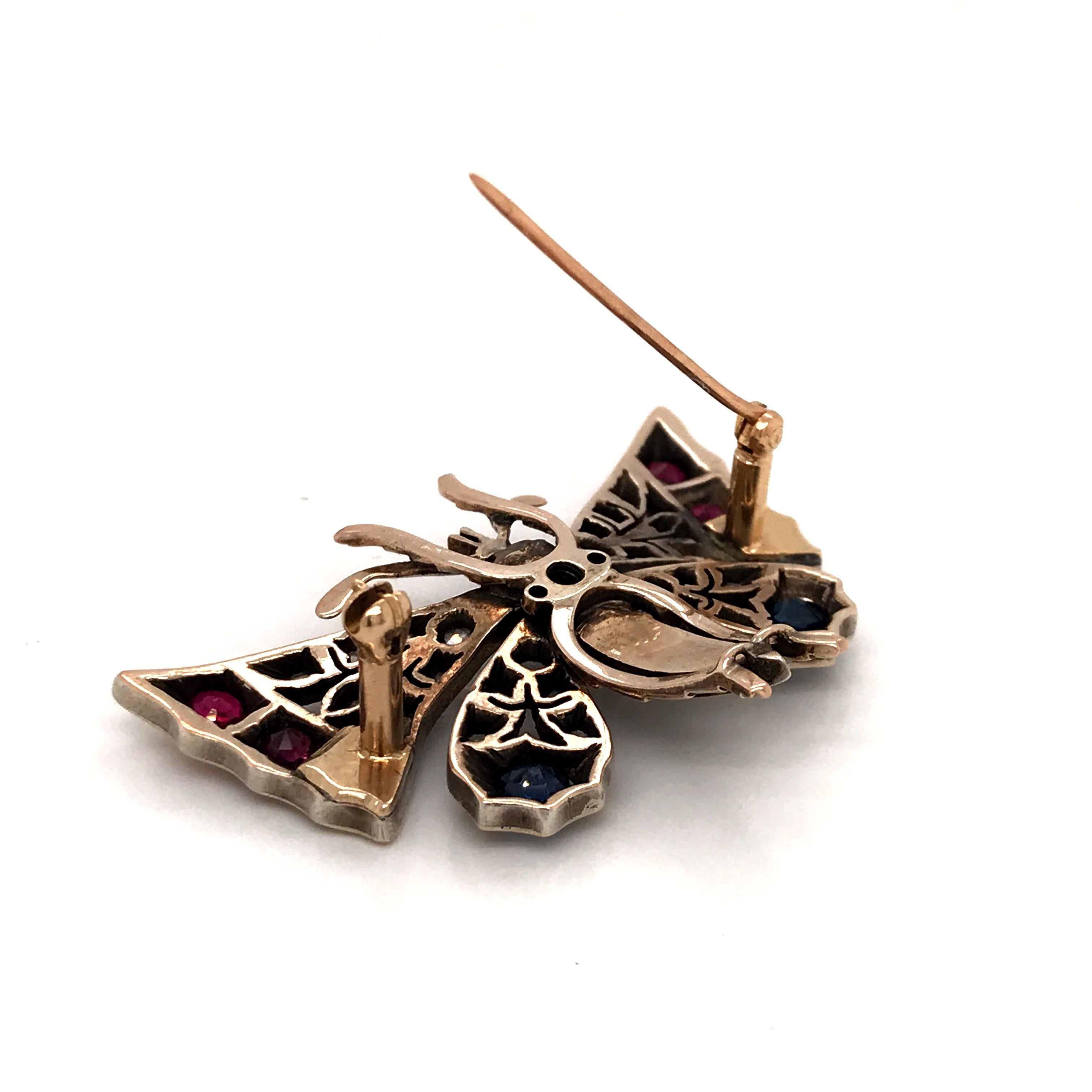 Schmetterlingsbrosche aus viktorianischem Silber mit Diamanten, Saphiren, Rubinen und Perlen (Viktorianisch) im Angebot
