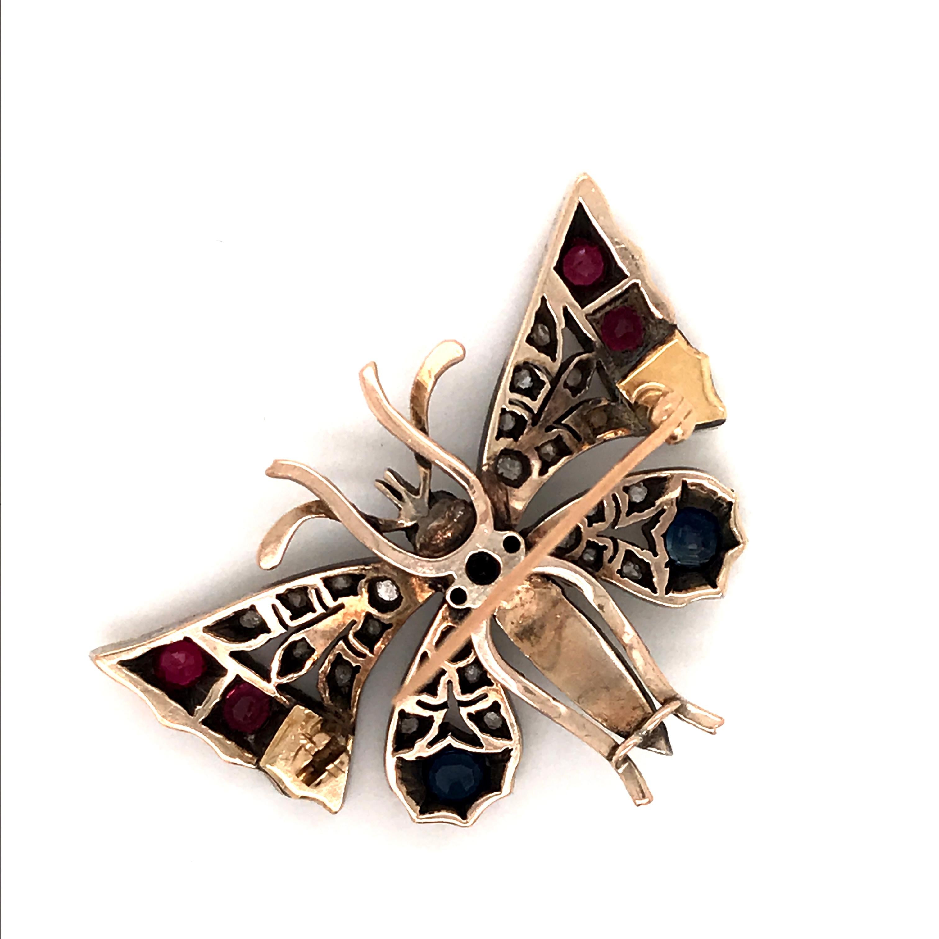 Schmetterlingsbrosche aus viktorianischem Silber mit Diamanten, Saphiren, Rubinen und Perlen (Rosenschliff) im Angebot