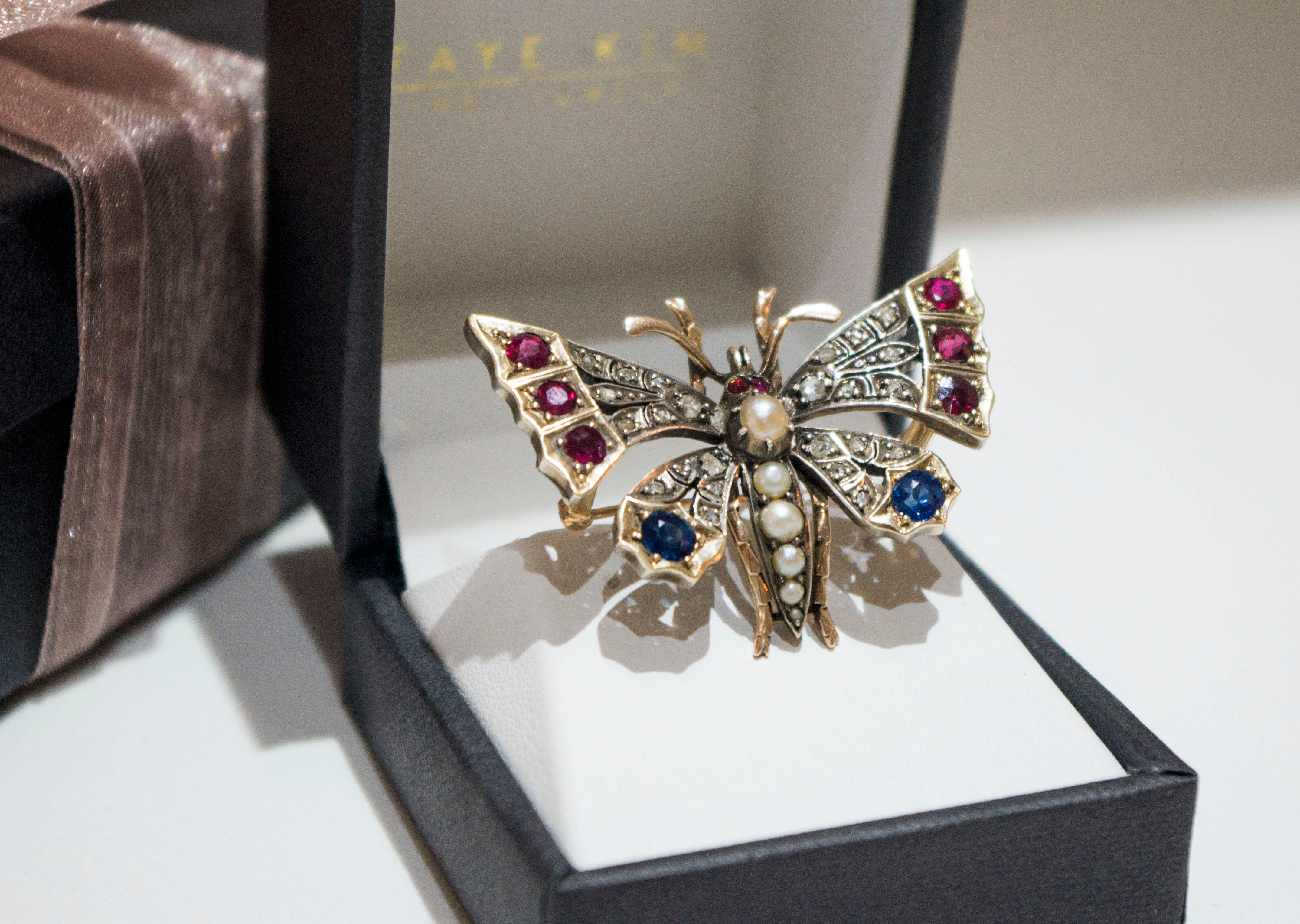 Rose Cut Victorian Silver-Gilt Diamond, Sapphire, Ruby and Pearl Butterfly Brooch For Sale