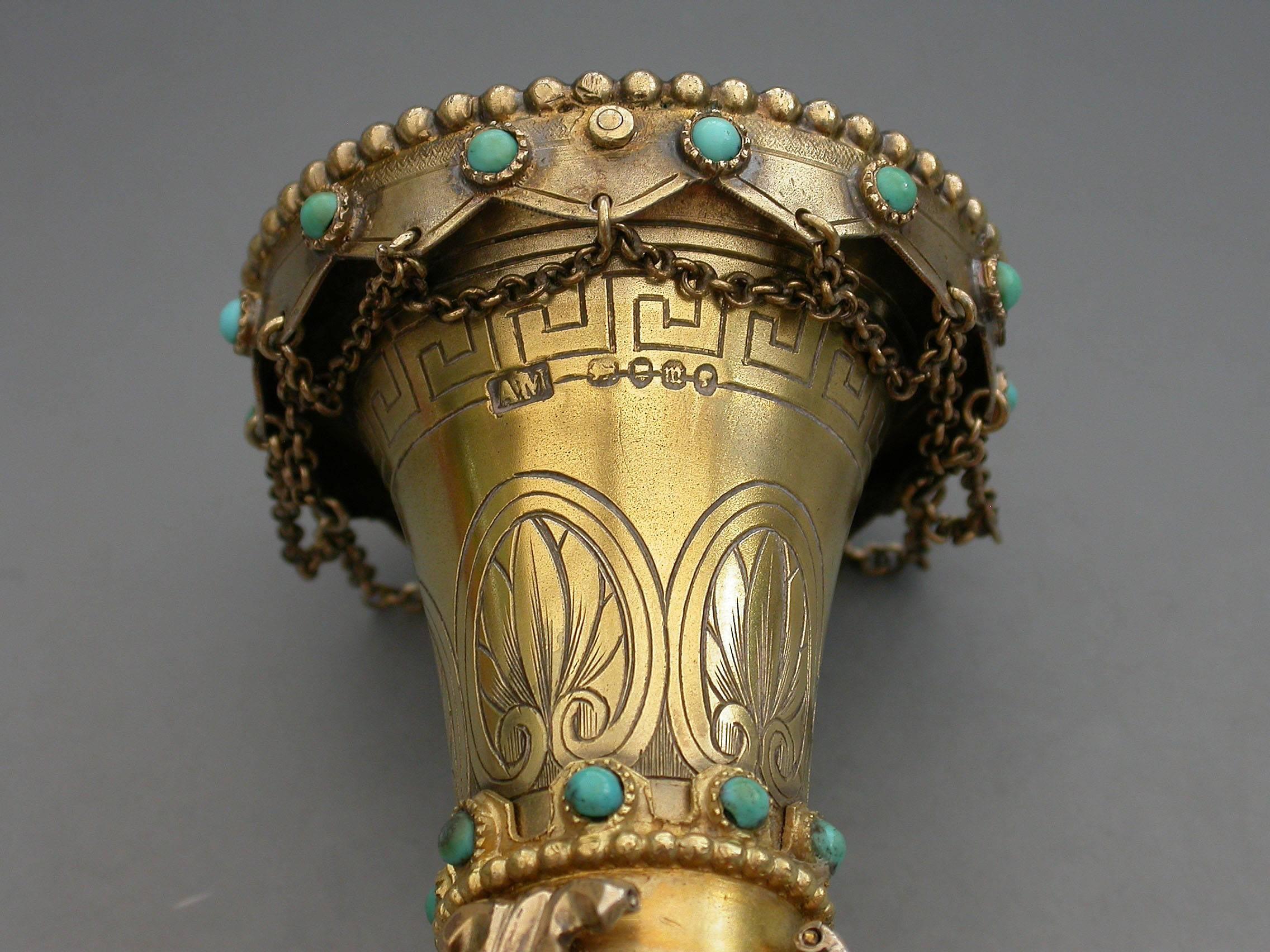 English Victorian Silver Gilt Posy Holder Set with Turquoise Beads A Macrae, London 1867 For Sale