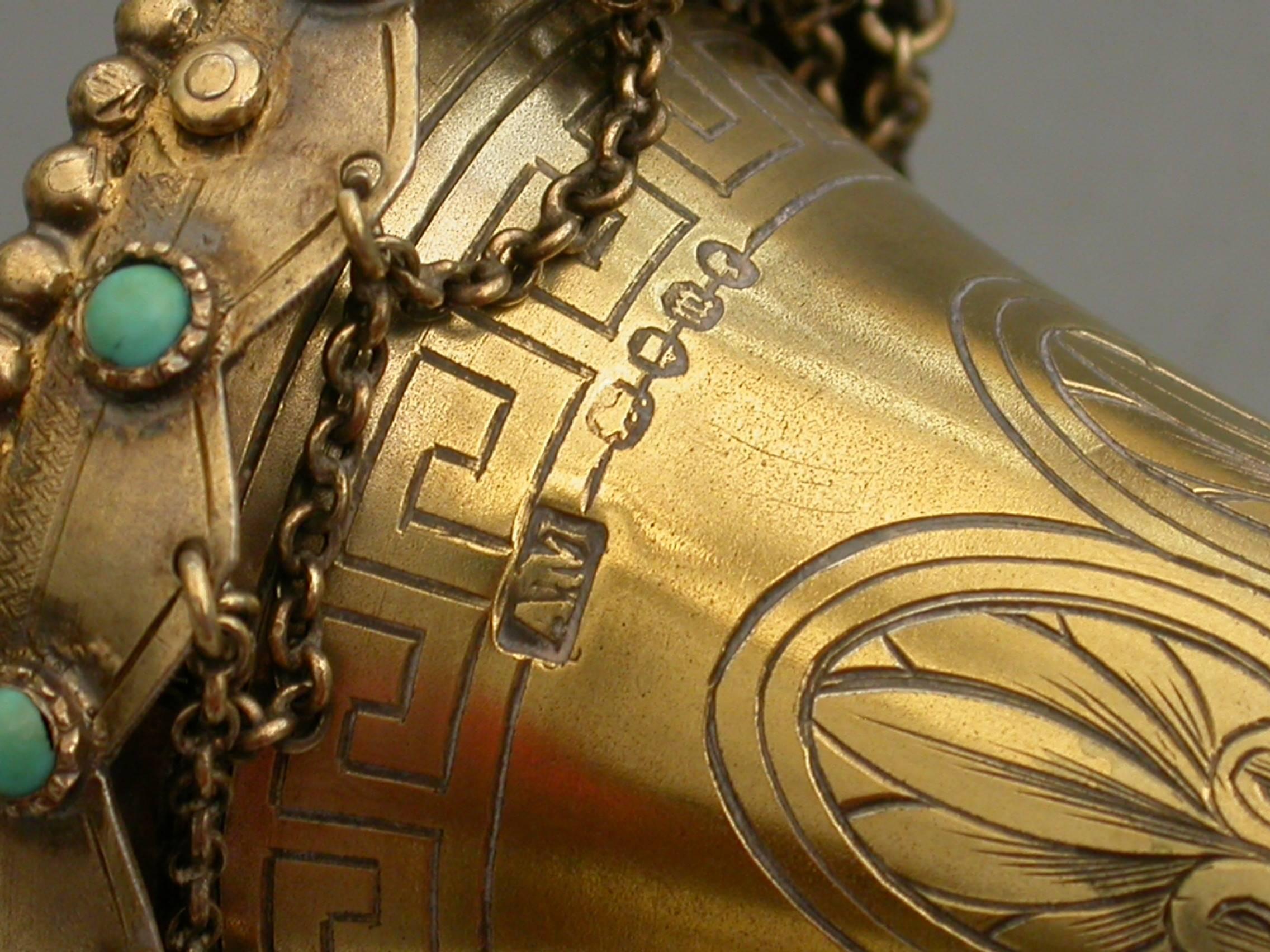 19th Century Victorian Silver Gilt Posy Holder Set with Turquoise Beads A Macrae, London 1867 For Sale