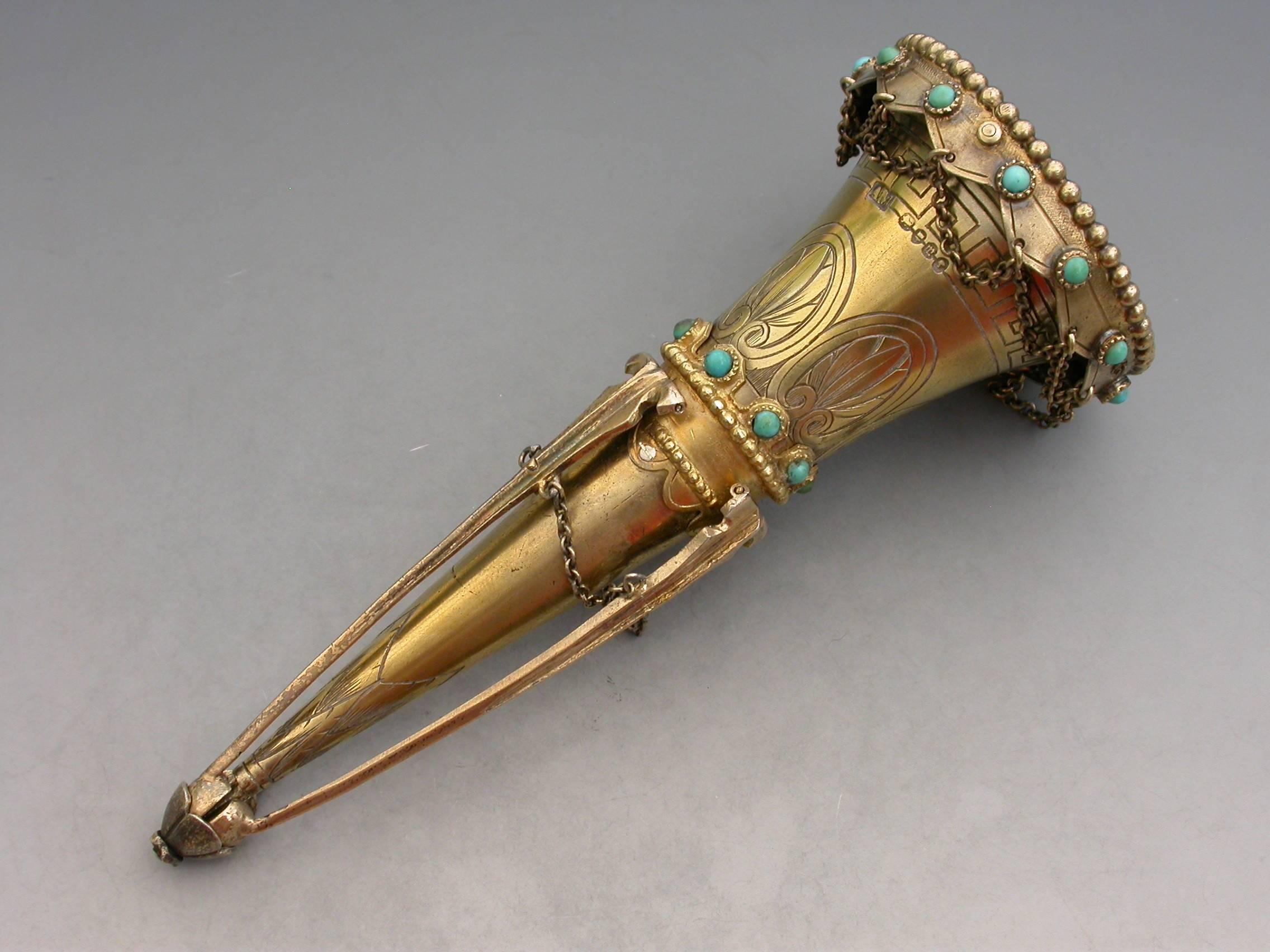 Victorian Silver Gilt Posy Holder Set with Turquoise Beads A Macrae, London 1867 For Sale 1