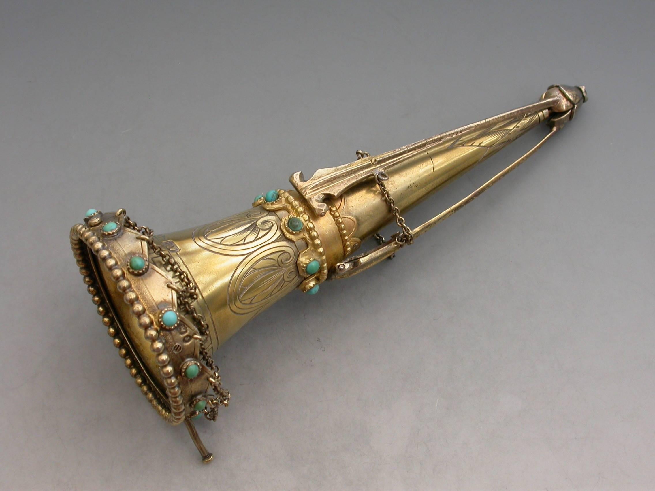 Victorian Silver Gilt Posy Holder Set with Turquoise Beads A Macrae, London 1867 For Sale 2