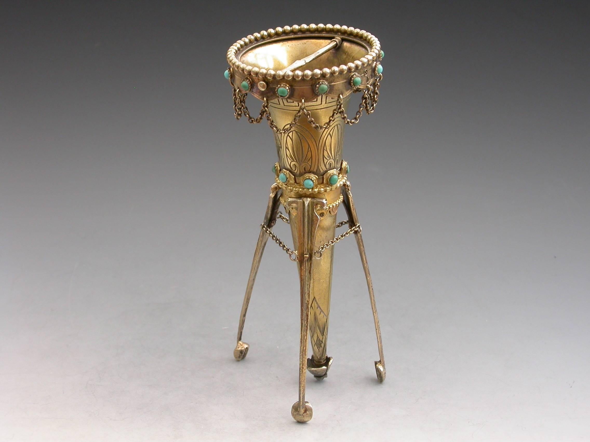 Victorian Silver Gilt Posy Holder Set with Turquoise Beads A Macrae, London 1867 For Sale 3