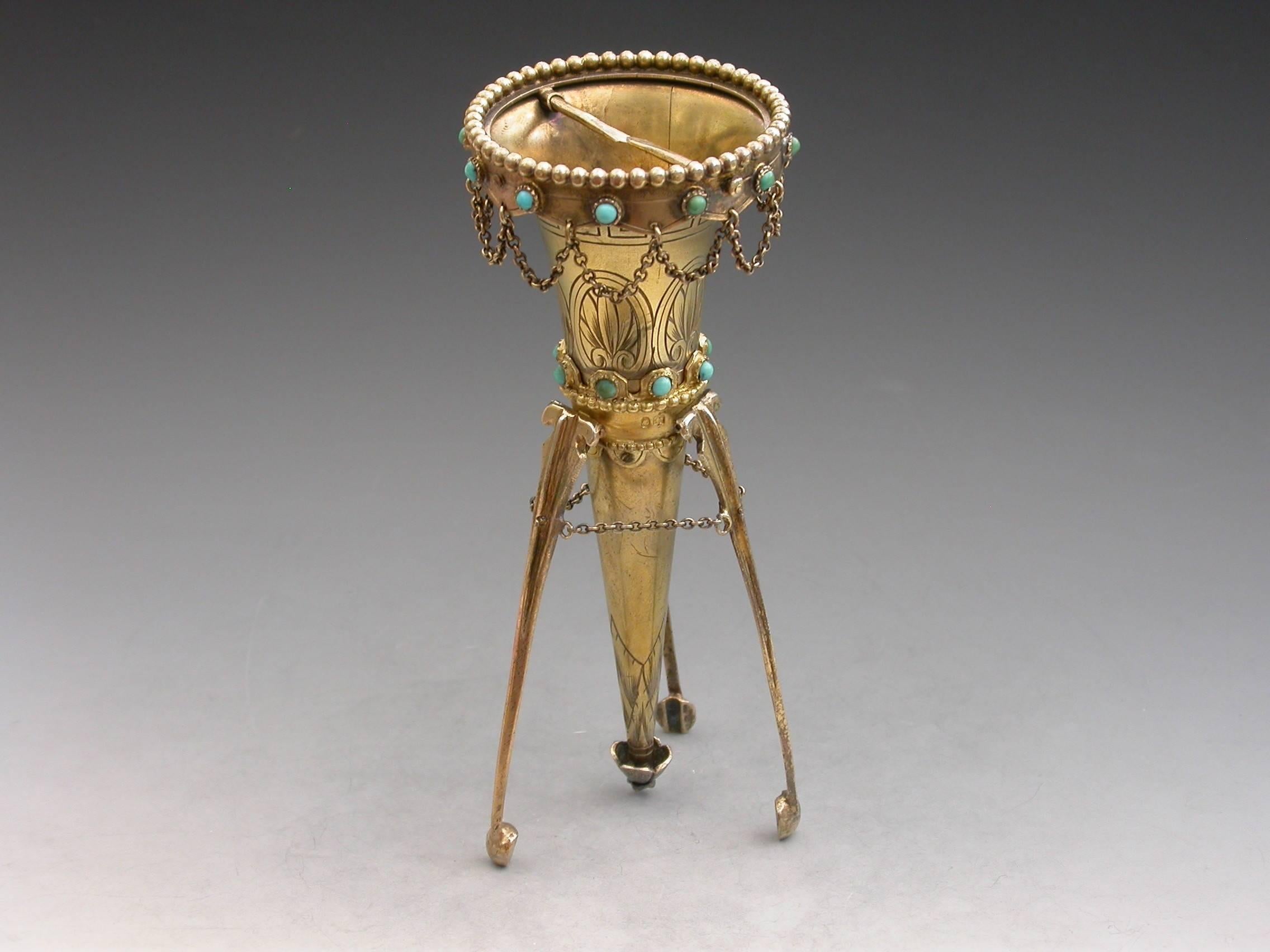 Victorian Silver Gilt Posy Holder Set with Turquoise Beads A Macrae, London 1867 For Sale 4