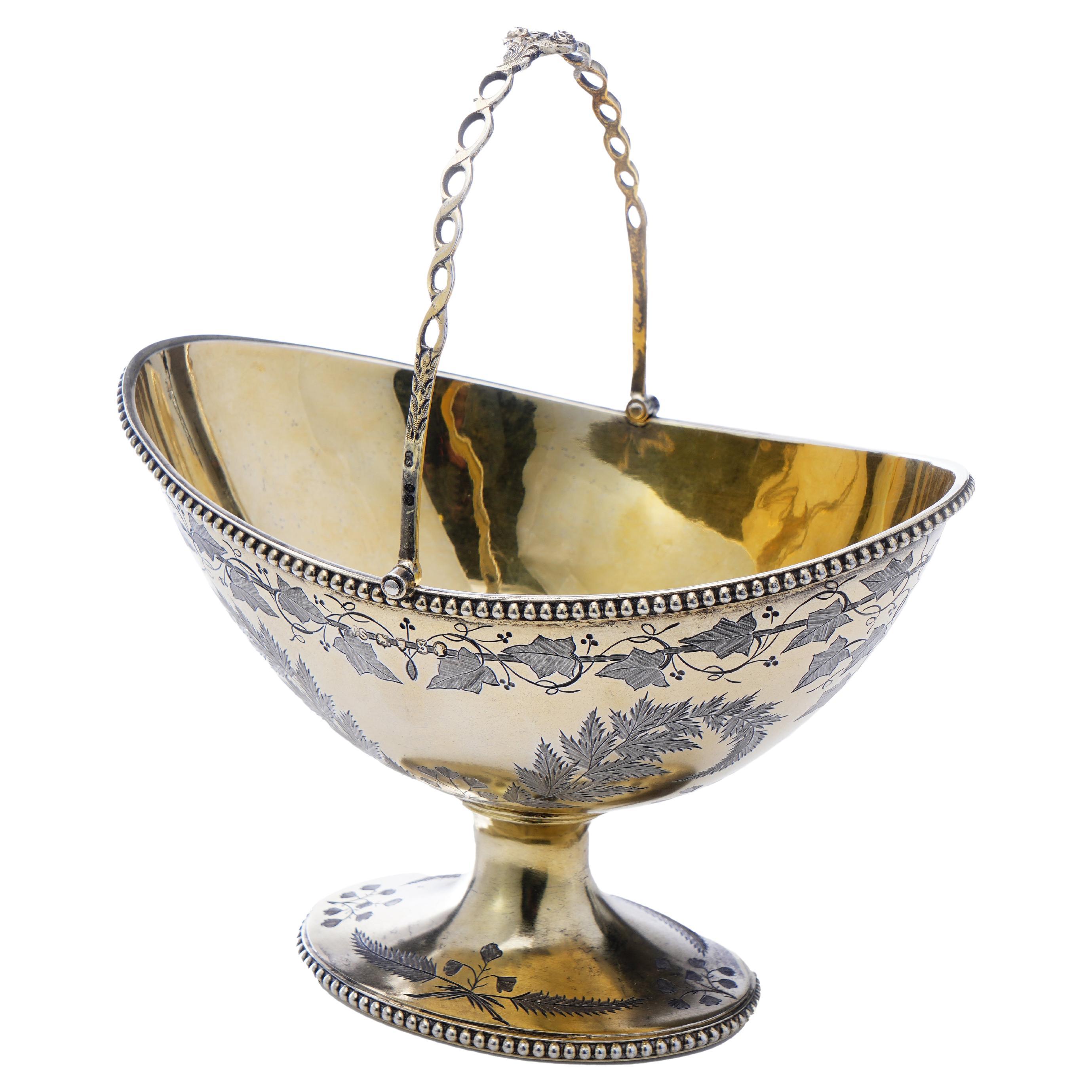 Victorian Silver Gilt Swing Handle Basket For Sale