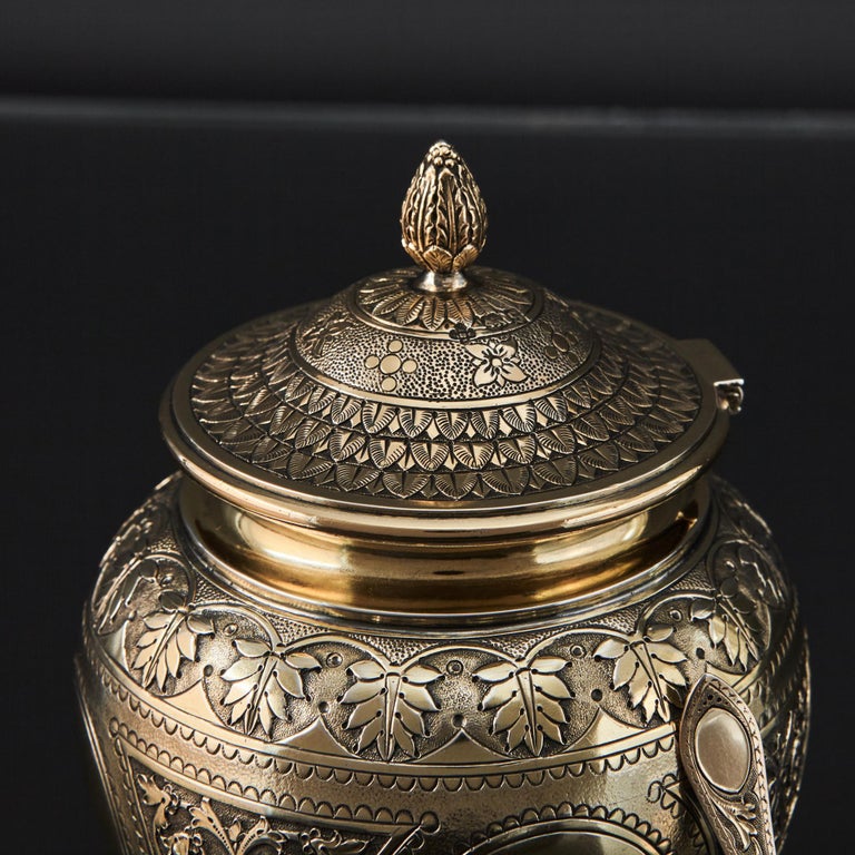 English Victorian Silver-Gilt Tea Caddy and Spoon For Sale