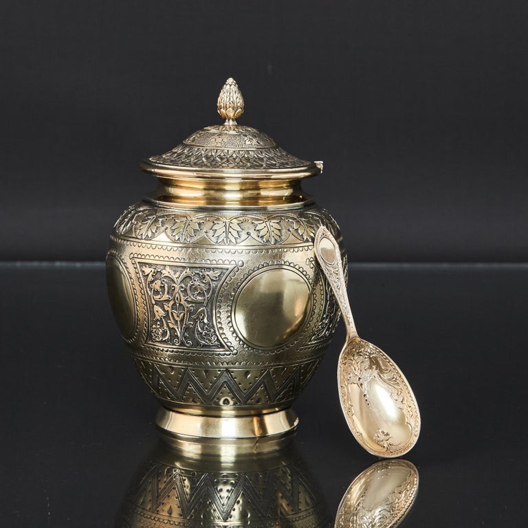 Late 19th Century Victorian Silver-Gilt Tea Caddy and Spoon For Sale